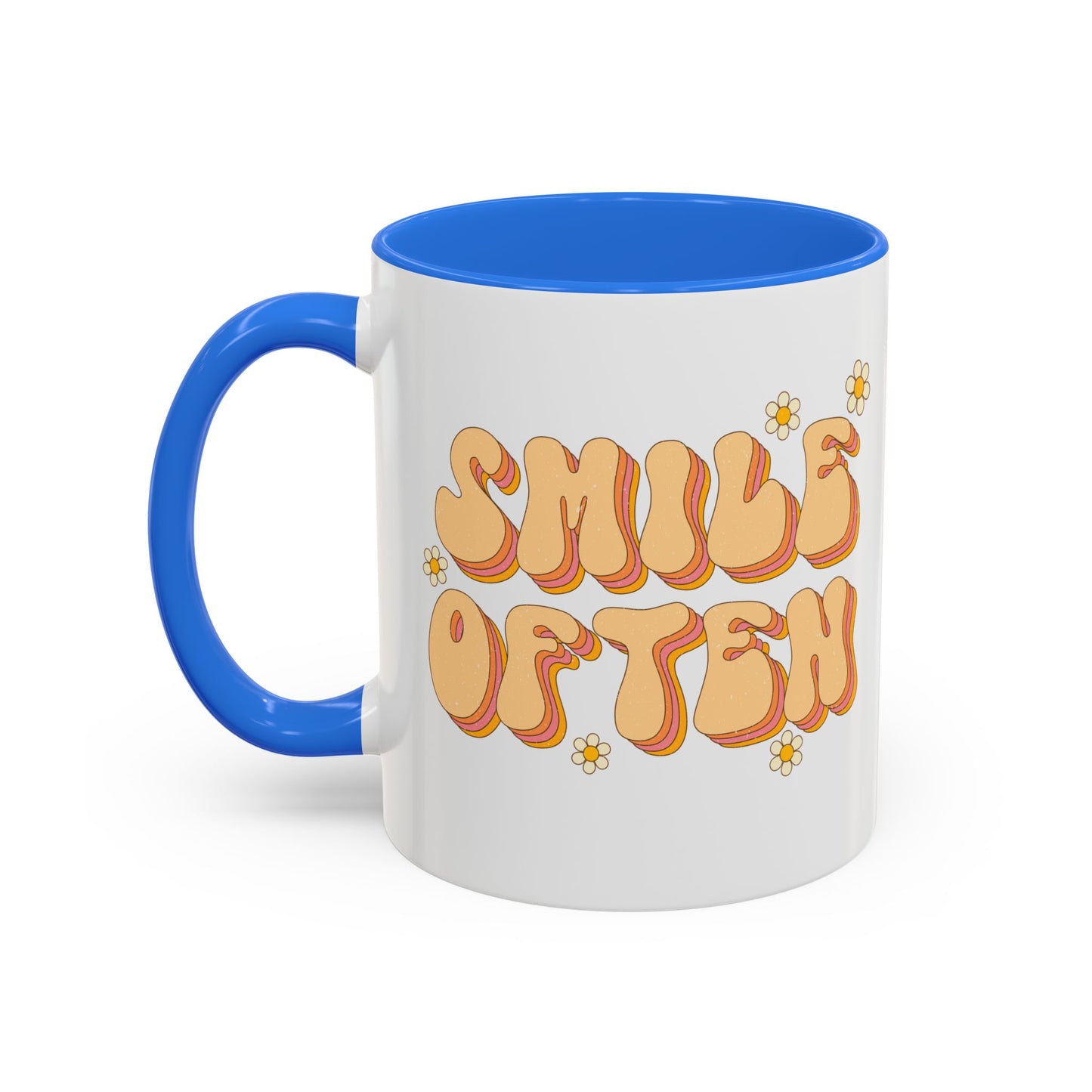 Smile Often Accent Mug – Retro Daisy Letters | 11oz 15oz colored Handle