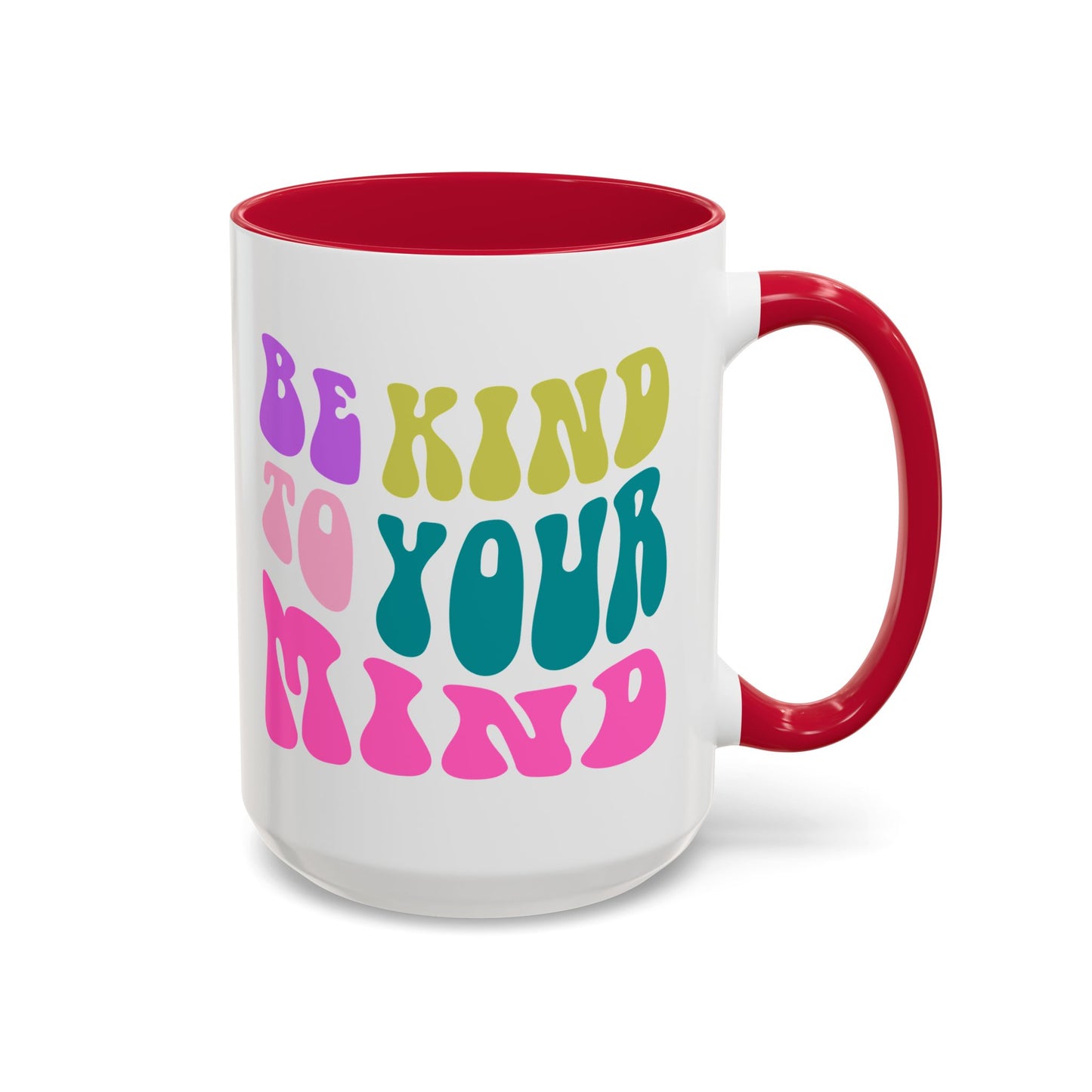 Be Kind To Your Mind Accent Mug – Retro Rainbow Letters | 11oz 15oz Colored Handle