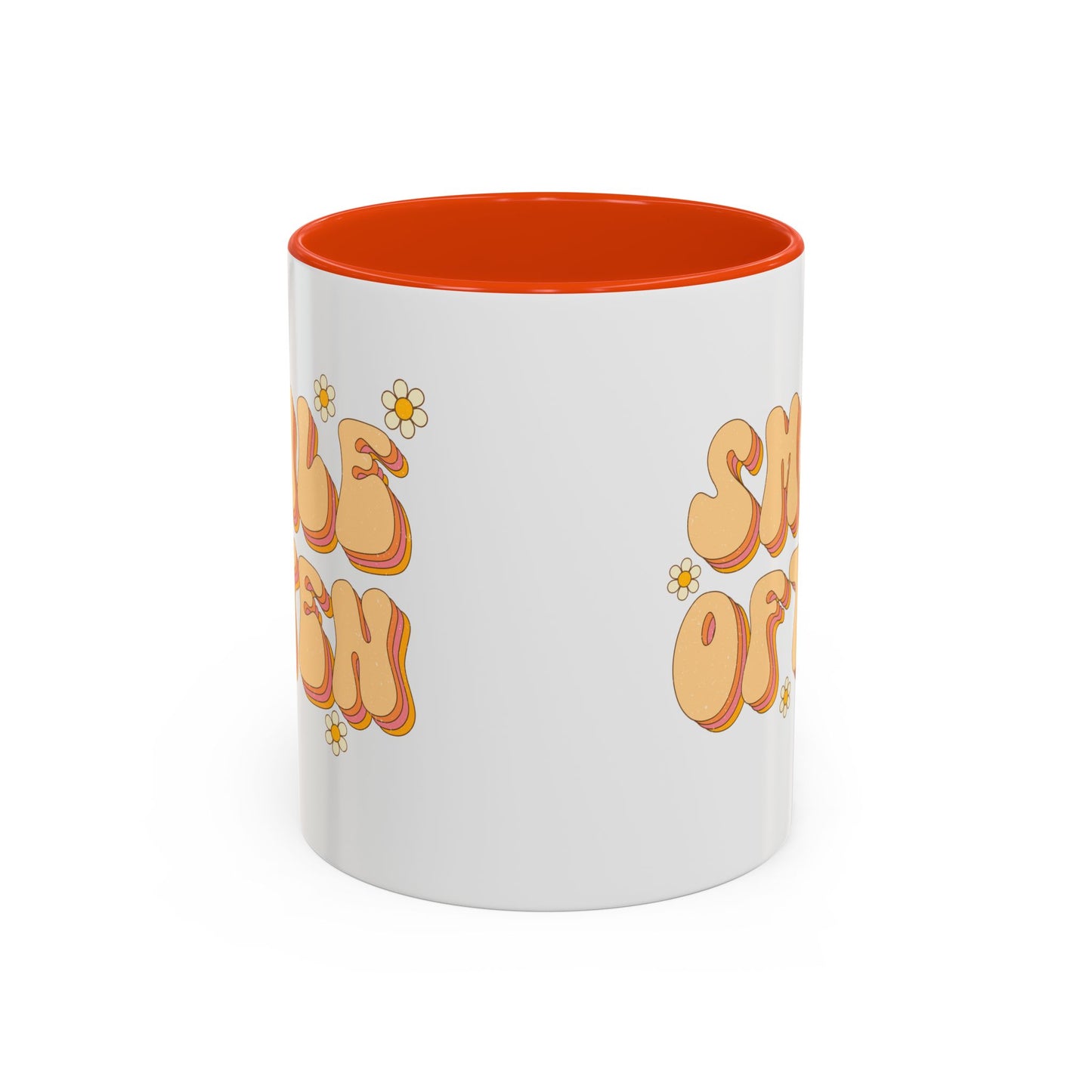 Smile Often Accent Mug – Retro Daisy Letters | 11oz 15oz colored Handle