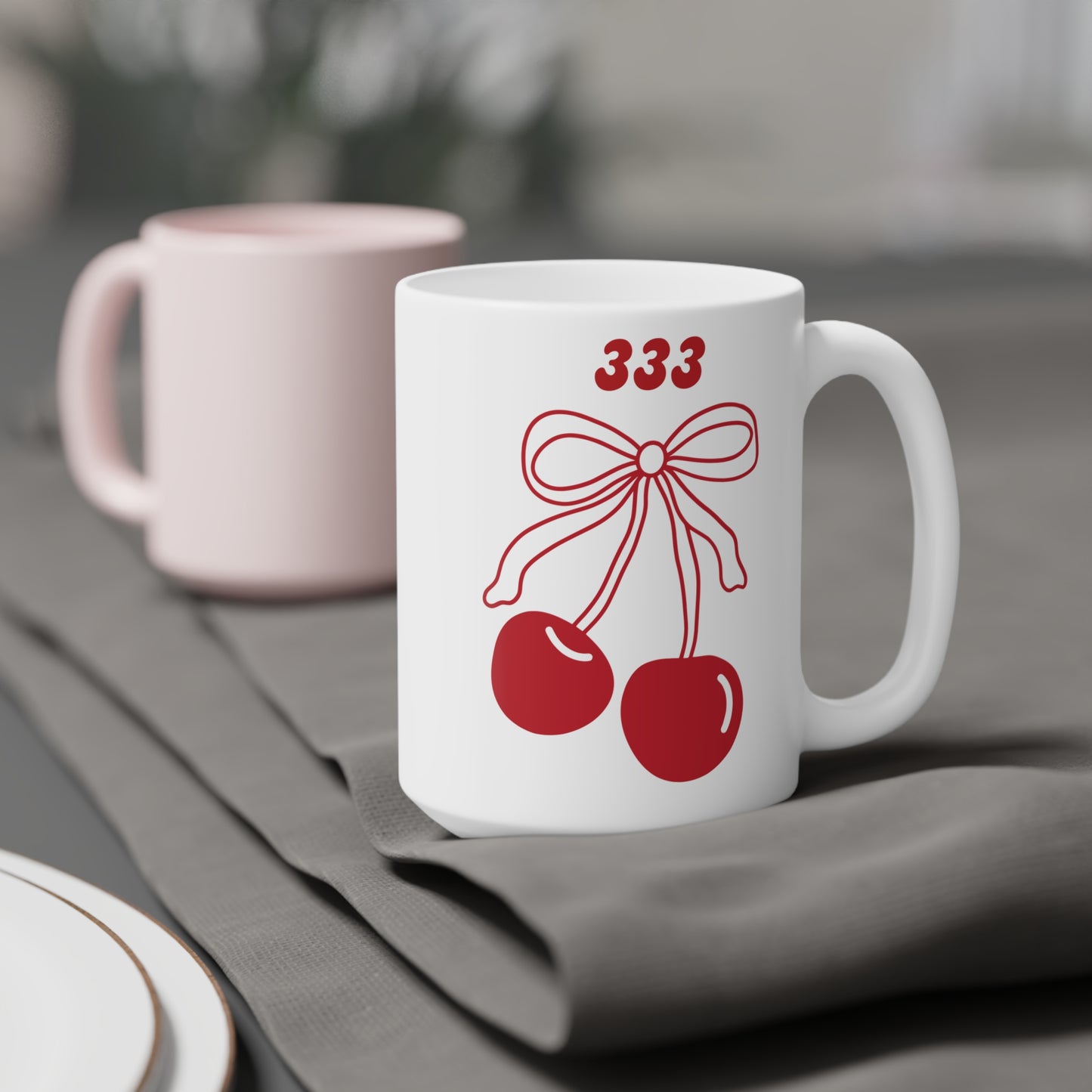 333 Angel Number Cherries Coffee Mug – Coquette Bow Minimal | Kawaii Coffee Mug | 11oz 15oz 20oz White Ceramic