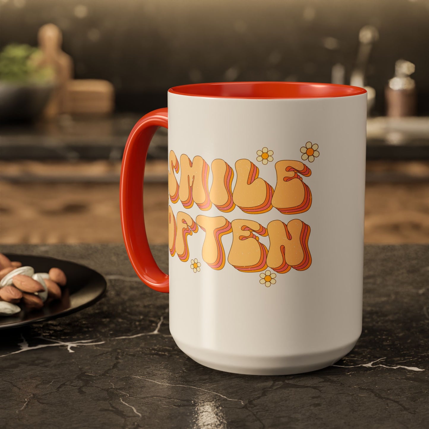 Smile Often Accent Mug – Retro Daisy Letters | 11oz 15oz colored Handle