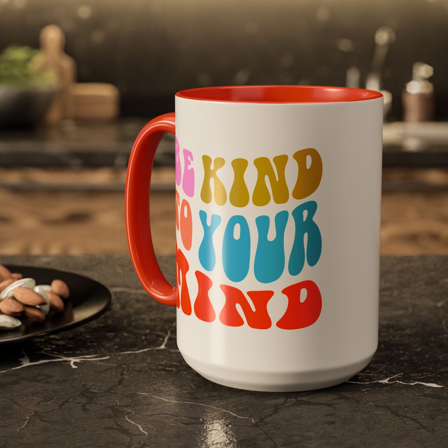 Be Kind To Your Mind Accent Mug – Retro Rainbow Letters | 11oz 15oz Multiple colors