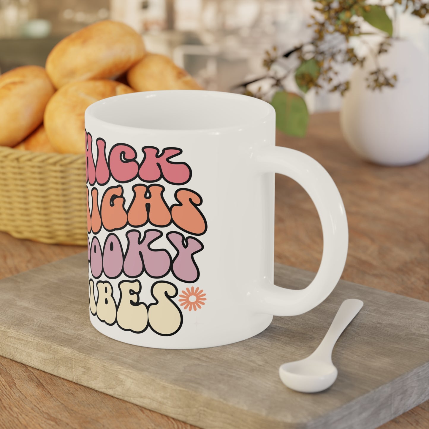 Thick Thighs Spooky Vibes Coffee Mug – White Ceramic | Halloween Groovy Vibes