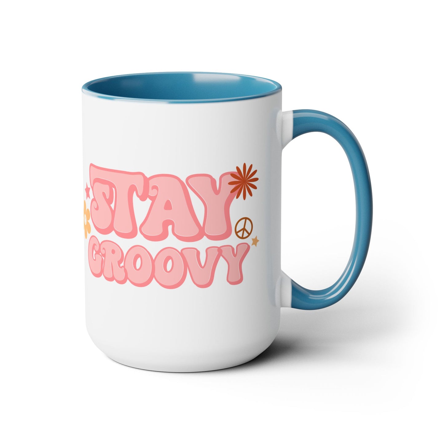 Stay Groovy Coffee Mug 15oz - 70s Inspired, Pastel Pink, Swirly Font - Boost Your Mood with this Free-Spirit, Funkadelic Beverage