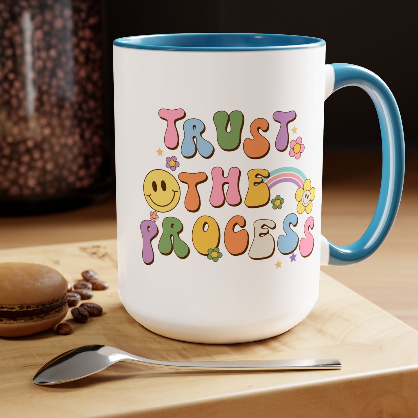 70s Retro Trust the Process Coffee Mug 15oz - Funky Multi-Color Ceramic Cup - Inspirational Motivation Drinkware - Gift for Goal Setters