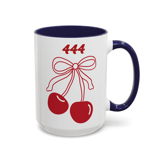 444 Angel Number Cherries Accent Mug – Coquette Bow Kawaii | 11oz 15oz — Navy, Light Blue, Orange, Purple, Yellow