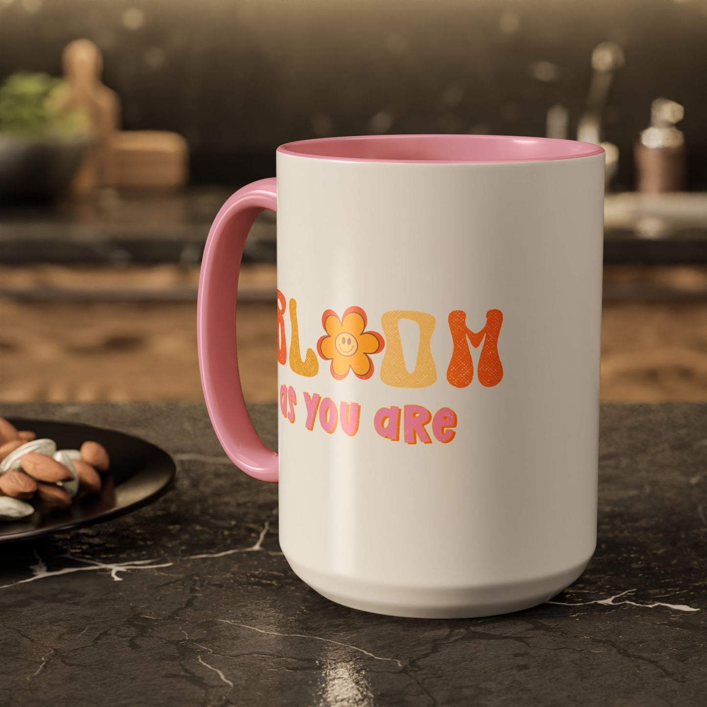 Bloom As You Are Accent Mug – Smiley Flower | 11oz 15oz Colored Handle