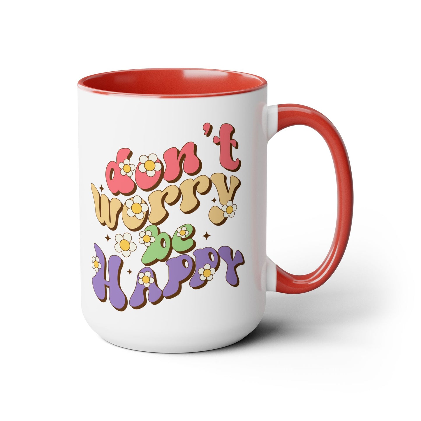 Groovy 70s Don't Worry Be Happy Coffee Mug 15oz - Retro Multicolor Wavy Font - Optimistic Message Cup - Joyful Gift, High Vibe Kitchenware