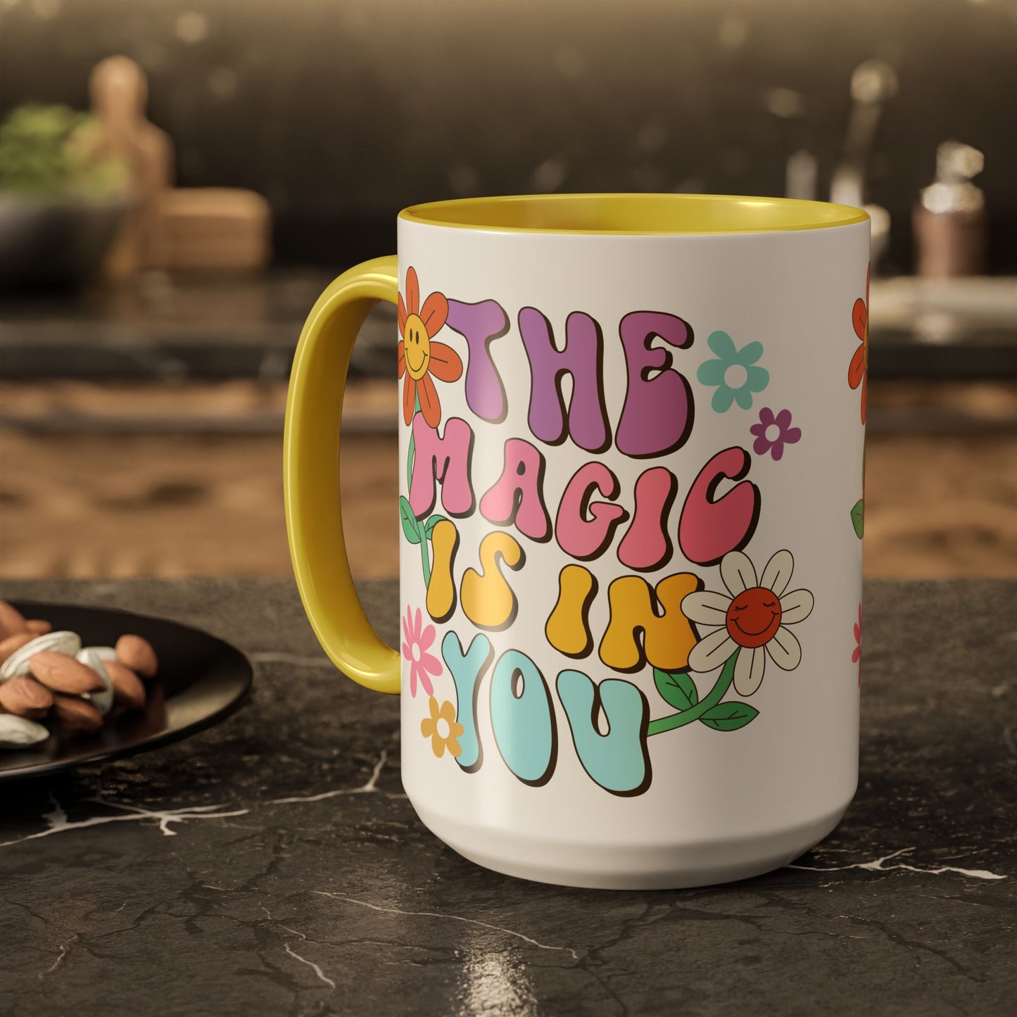 The Magic Is In You Accent Mug – Retro Flower Lettering | 11oz 15oz Colored Handle