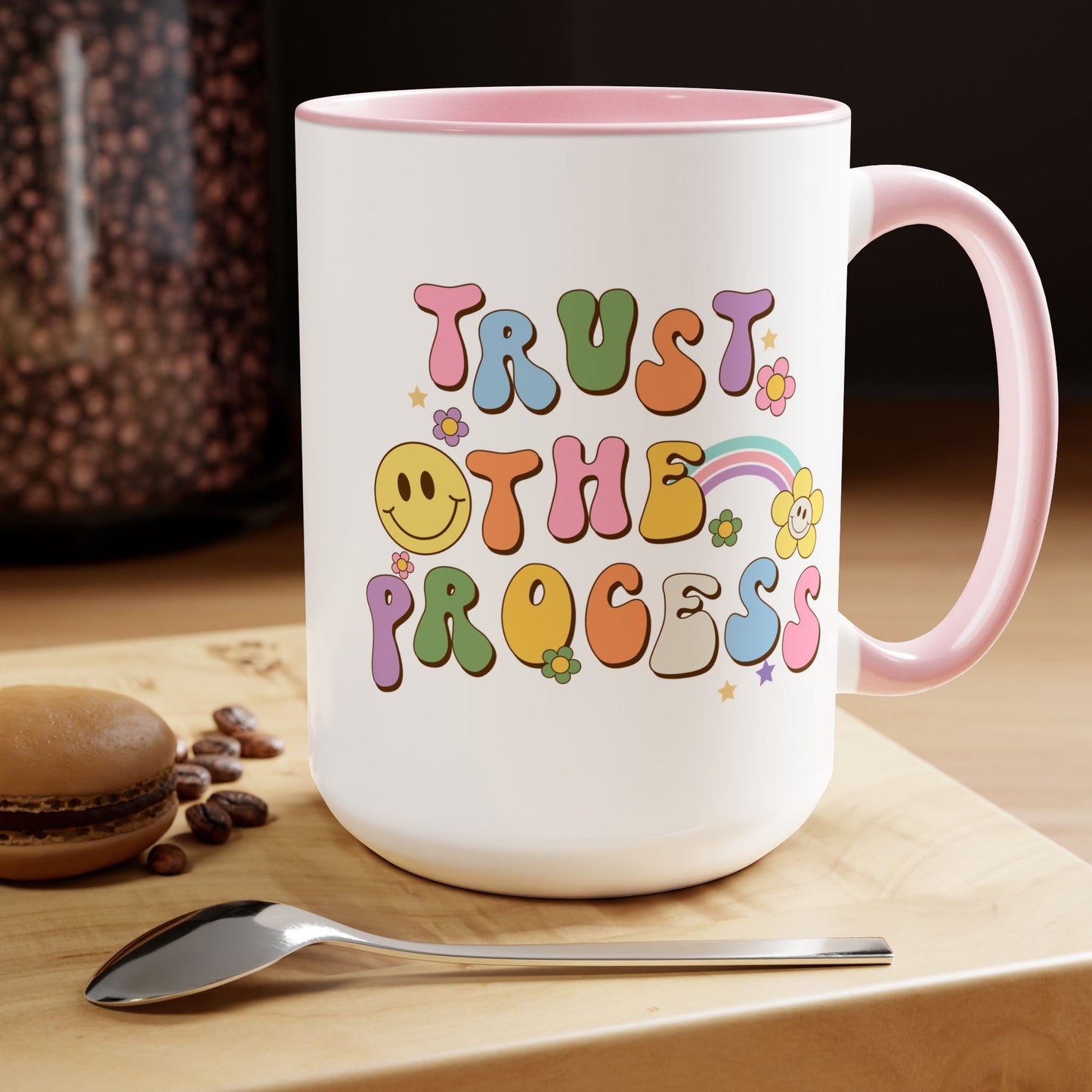 70s Retro Trust the Process Coffee Mug 15oz - Funky Multi-Color Ceramic Cup - Inspirational Motivation Drinkware - Gift for Goal Setters