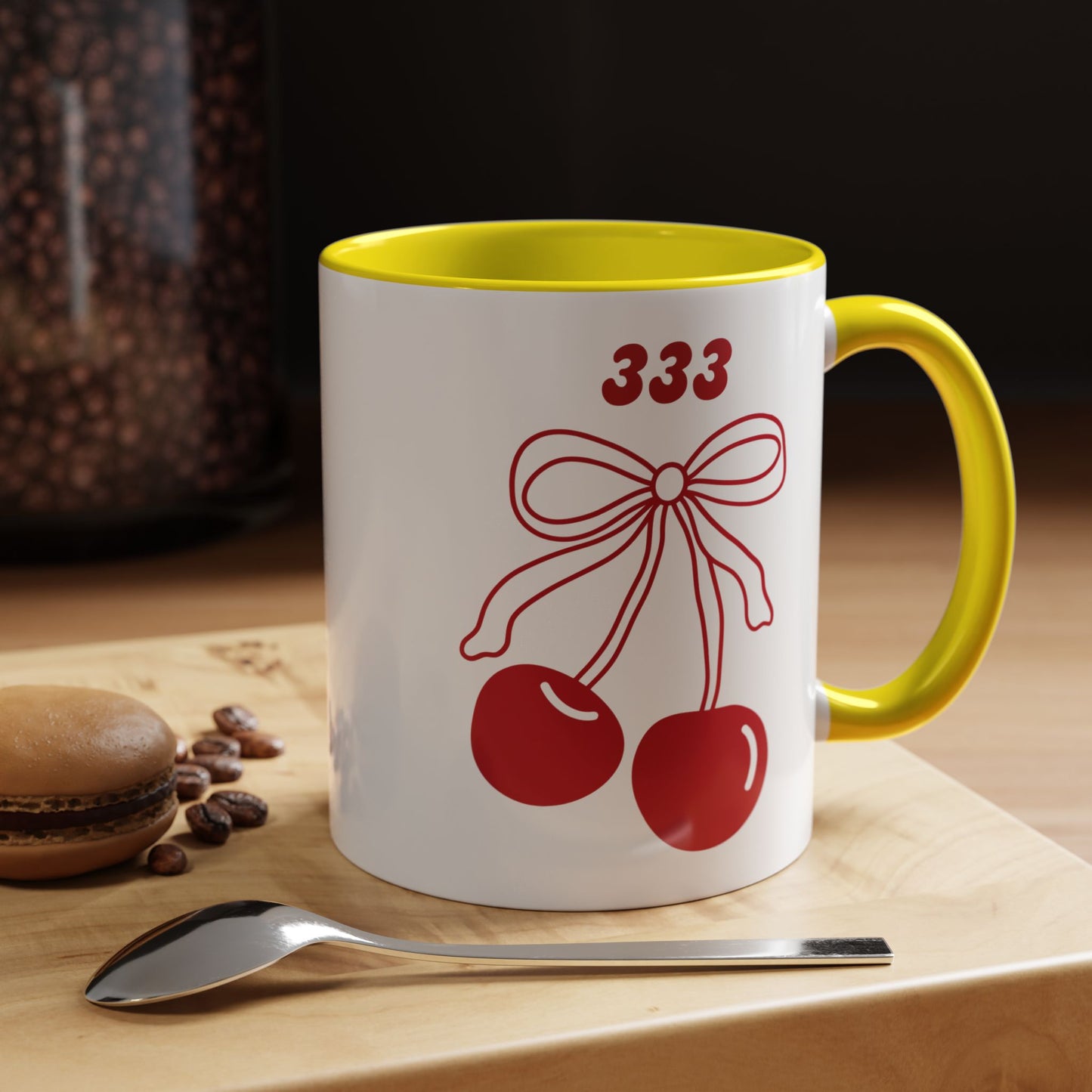 333 Angel Number Cherries Accent Mug – Coquette Bow | Kawaii Coffee Mug | 11oz 15oz — Black, Red, Navy, Pink, Light Blue