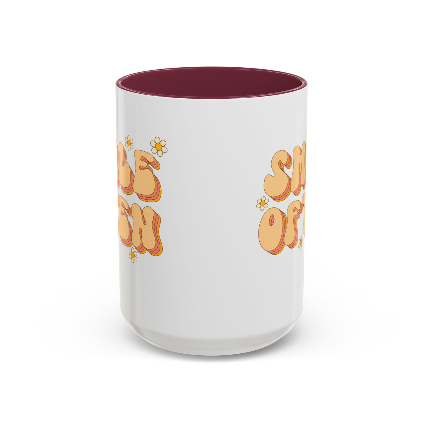 Smile Often Accent Mug – Retro Daisy Letters | 11oz 15oz colored Handle