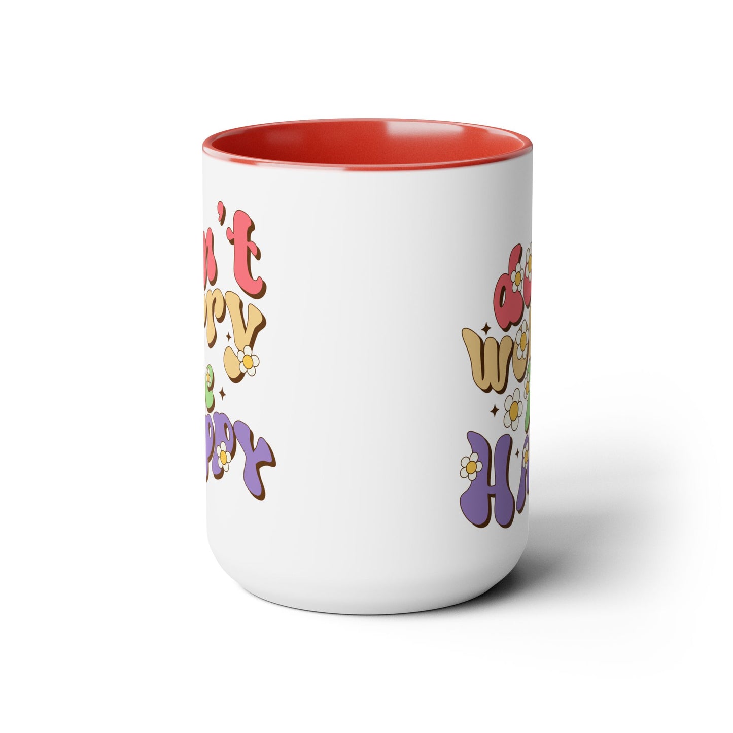 Groovy 70s Don't Worry Be Happy Coffee Mug 15oz - Retro Multicolor Wavy Font - Optimistic Message Cup - Joyful Gift, High Vibe Kitchenware