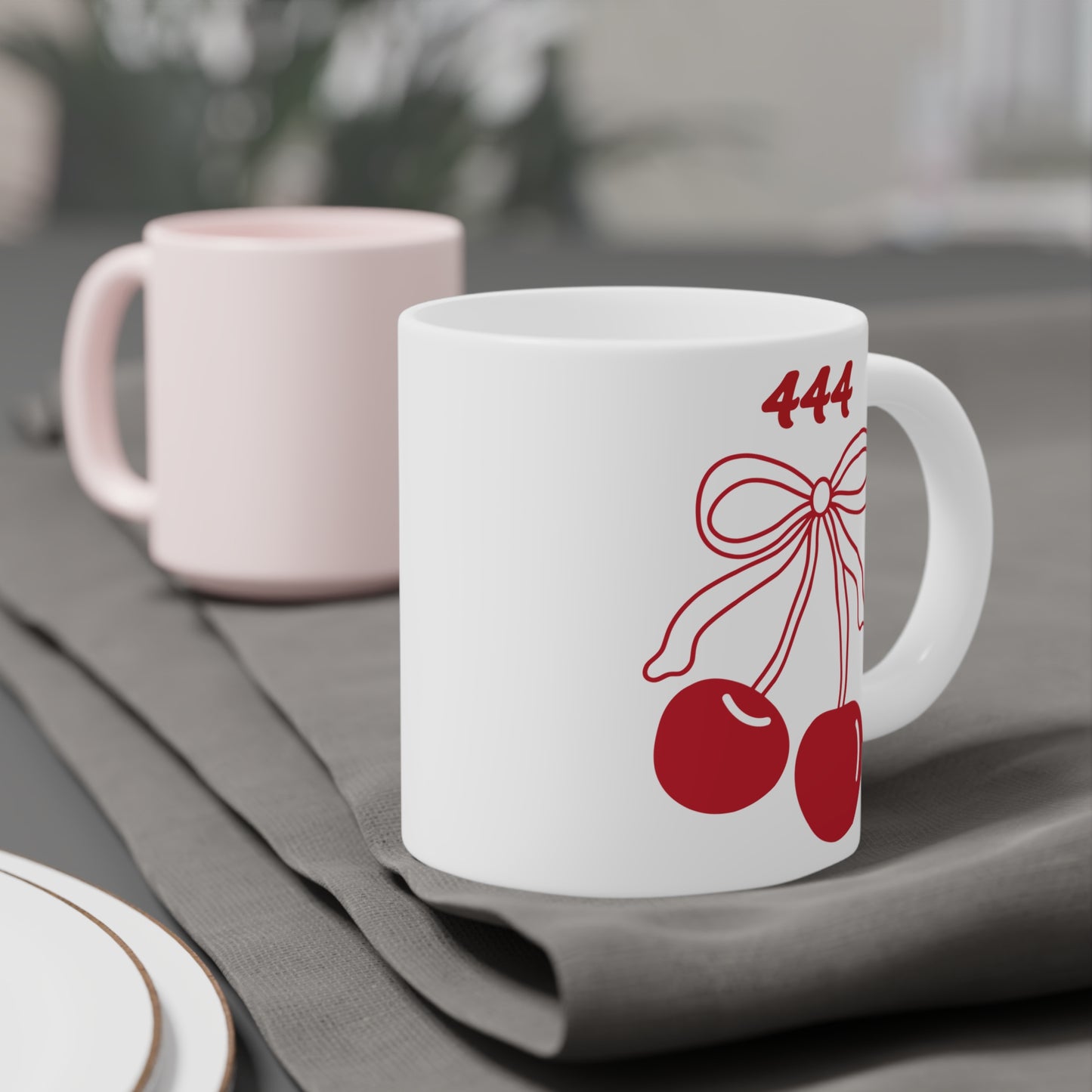 444 Angel Number Cherries Coffee Mug – Coquette Bow Kawaii | 11oz 15oz 20oz White Ceramic