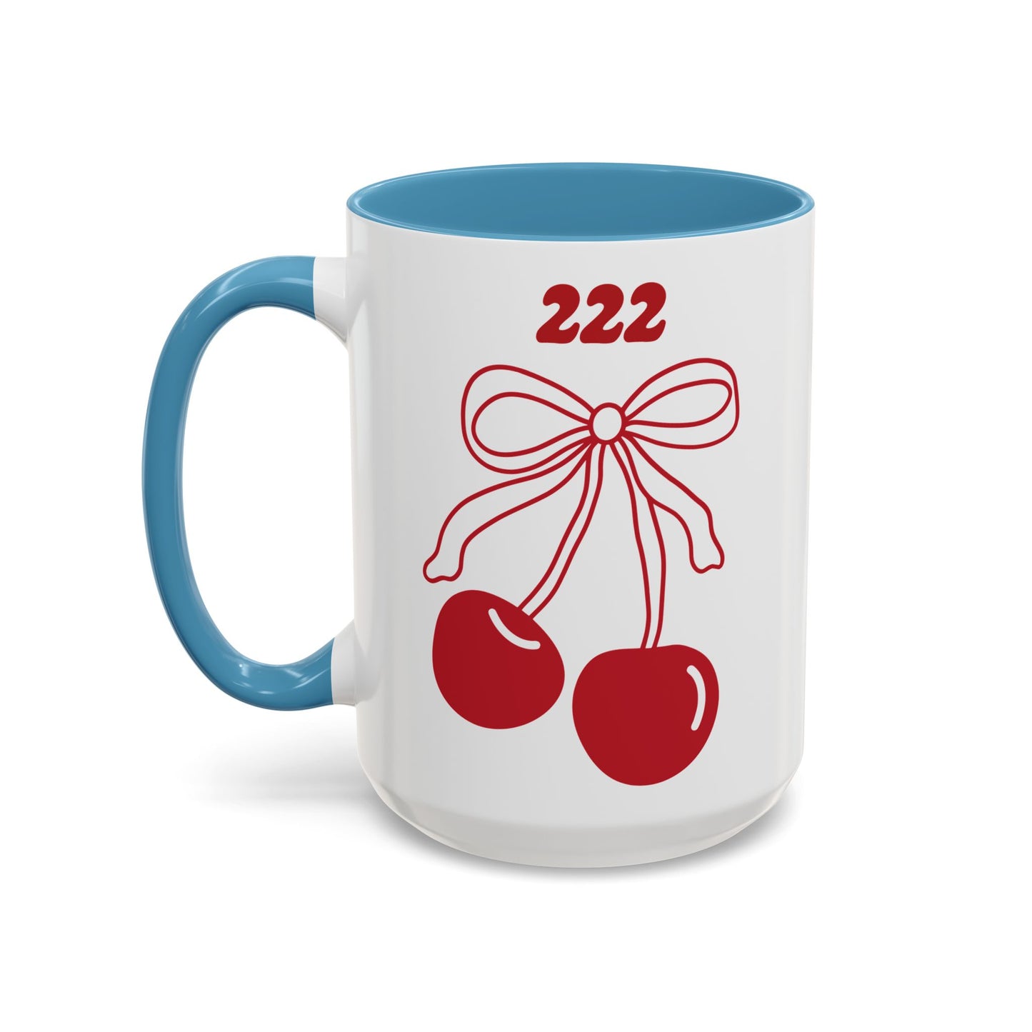 222 Angel Number Cherries Accent Mug – Coquette Bow Kawaii Coffee Mug | 11oz 15oz — Black, Navy, Pink, Red, Light Blue