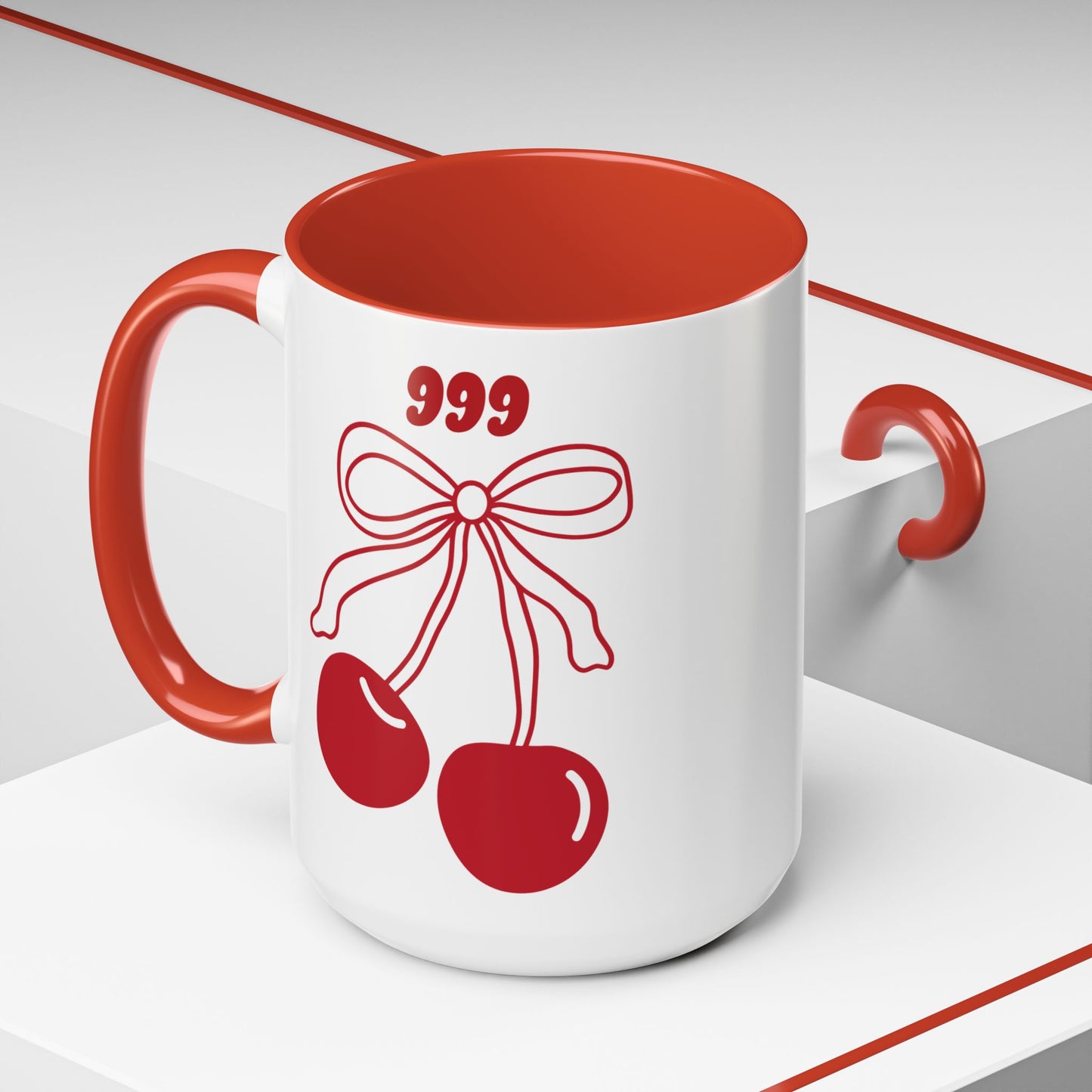 999 Angel Number Cherries Accent Mug – Coquette Bow Kawaii | 11oz 15oz — Black, Navy, Pink, Red, Light Blue, Orange