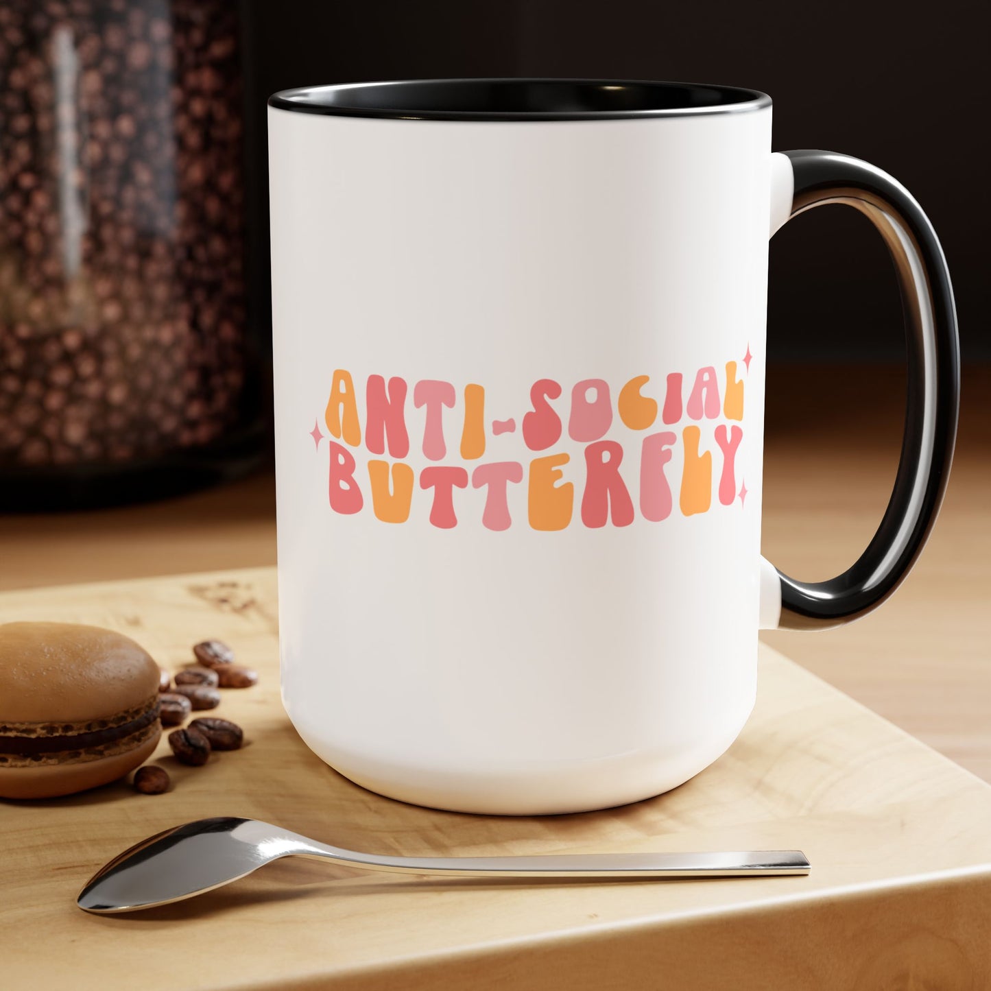 Anti-Social Butterfly Coffee Mug – Retro 70s Wavy Type | 15oz Accent