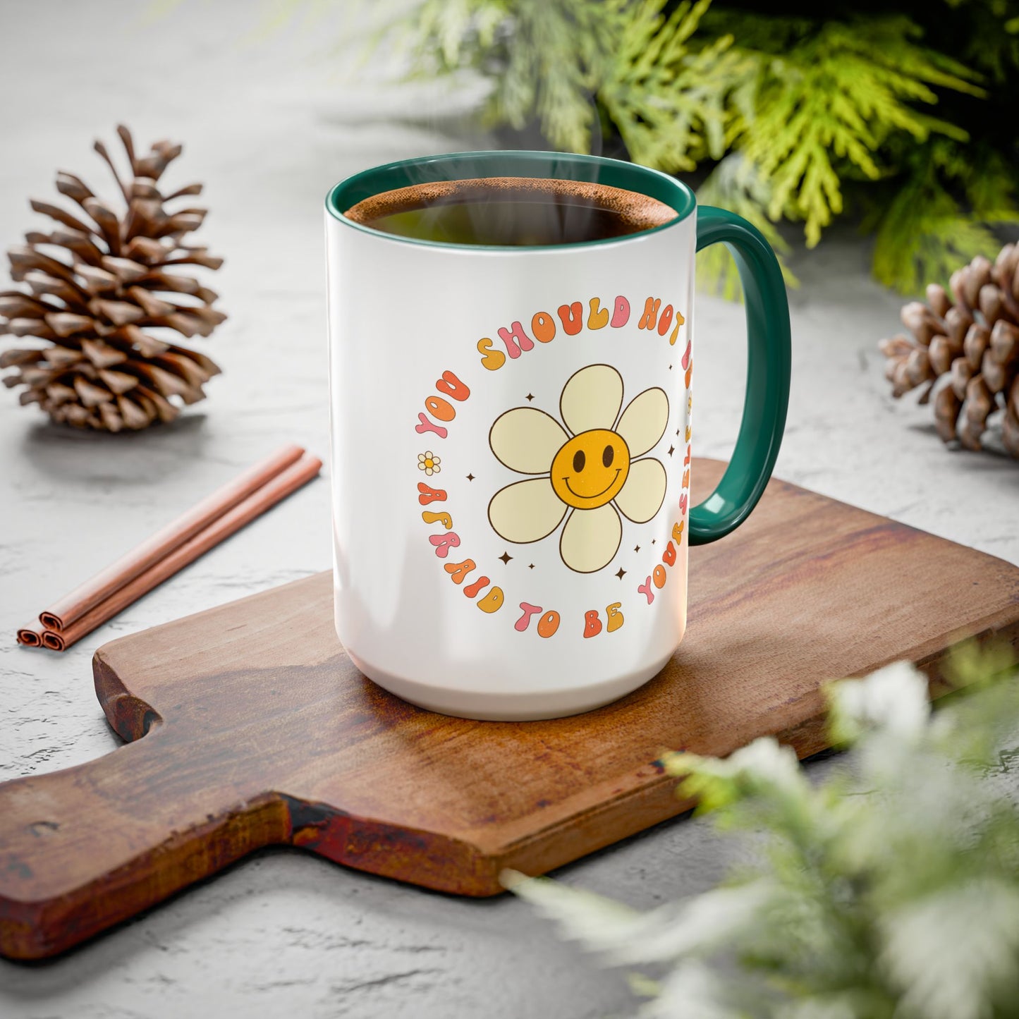 Don’t Be Afraid To Be Yourself Accent Mug – Smiley Flower | 11oz 15oz Colored Handle