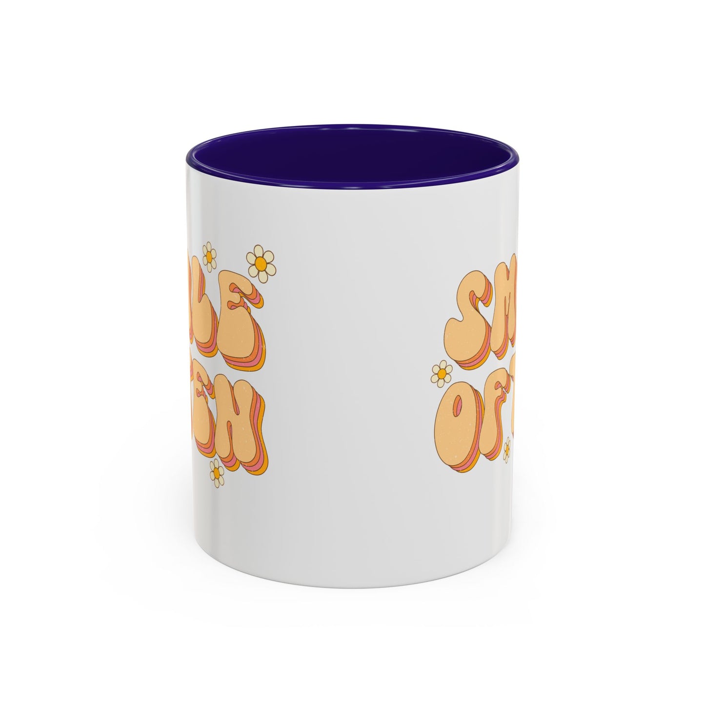 Smile Often Accent Mug – Retro Daisy Letters | 11oz 15oz colored Handle