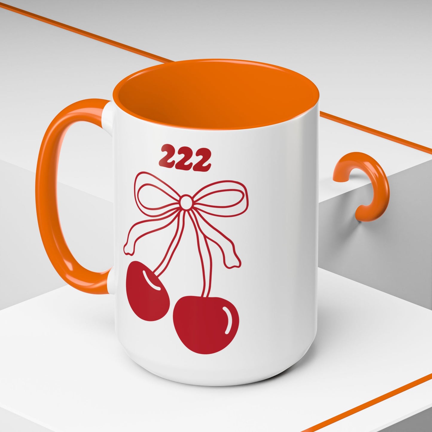 222 Angel Number Cherries Accent Mug – Coquette Bow Kawaii Coffee Mug | 11oz 15oz — Black, Navy, Pink, Red, Light Blue