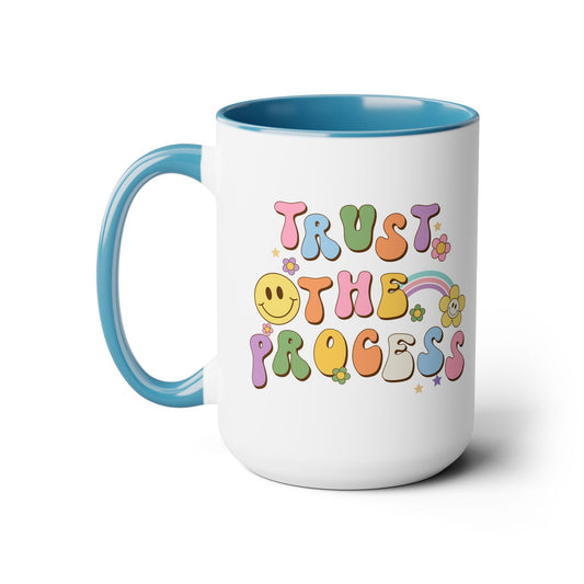 70s Retro Trust the Process Coffee Mug 15oz - Funky Multi-Color Ceramic Cup - Inspirational Motivation Drinkware - Gift for Goal Setters