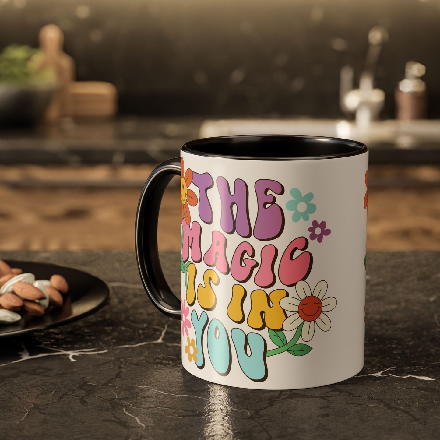 The Magic Is In You Accent Mug – Retro Flower Lettering | 11oz 15oz Colored Handle