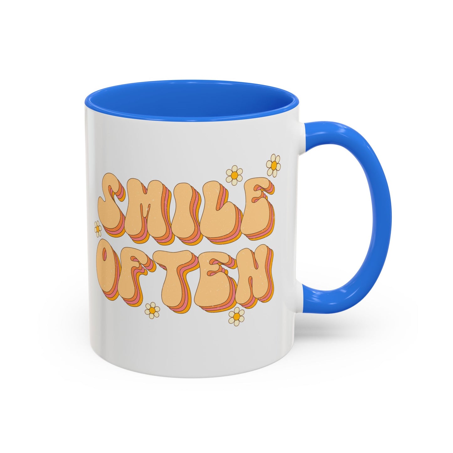 Smile Often Accent Mug – Retro Daisy Letters | 11oz 15oz colored Handle