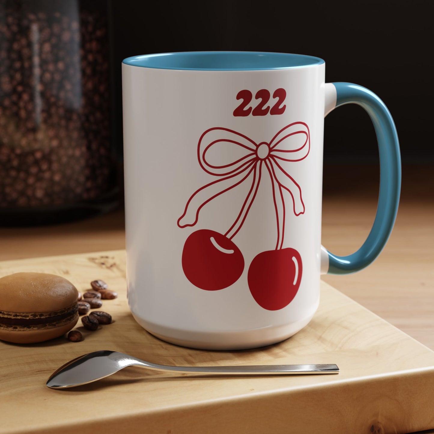 222 Angel Number Cherries Accent Mug – Coquette Bow Kawaii Coffee Mug | 11oz 15oz — Black, Navy, Pink, Red, Light Blue