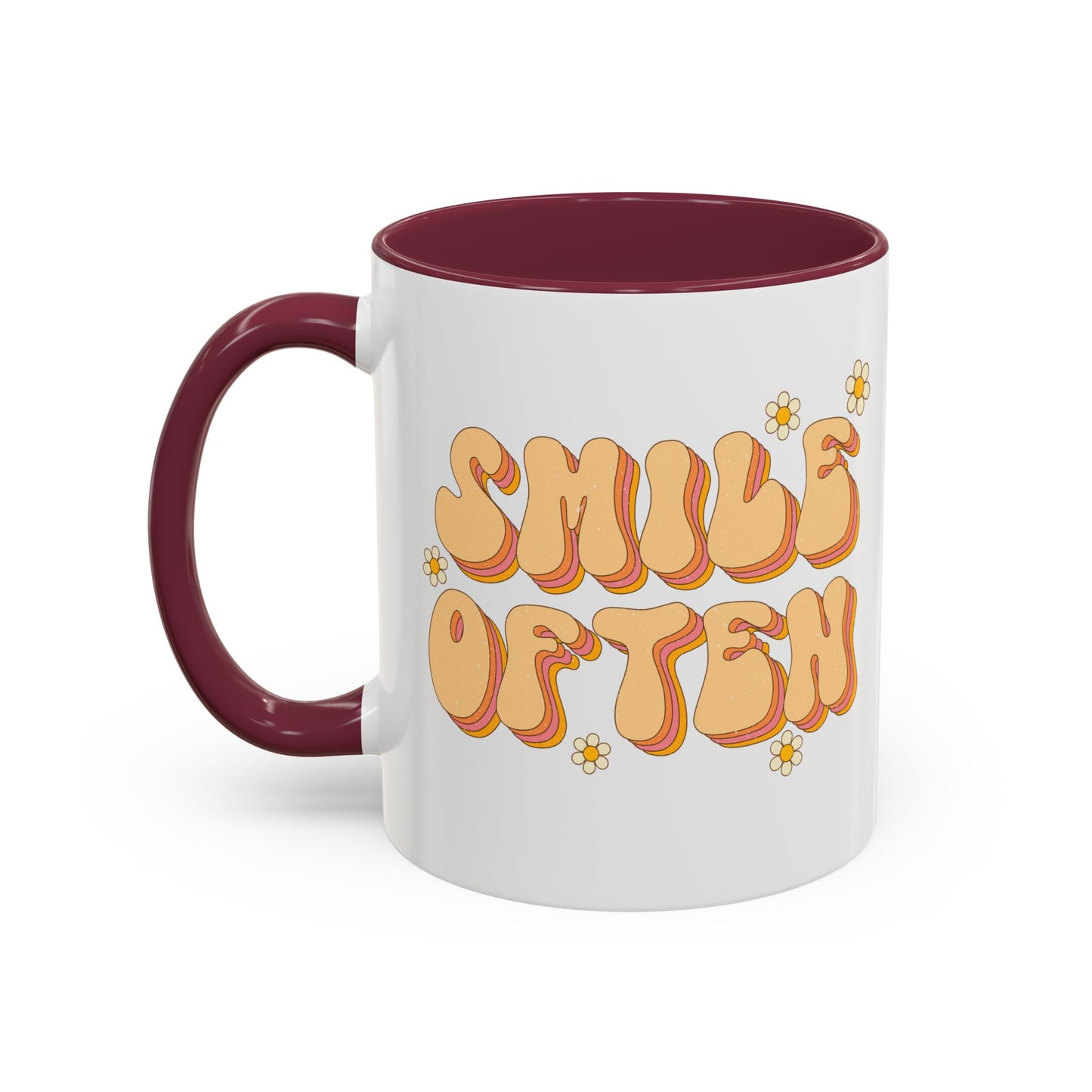 Smile Often Accent Mug – Retro Daisy Letters | 11oz 15oz colored Handle