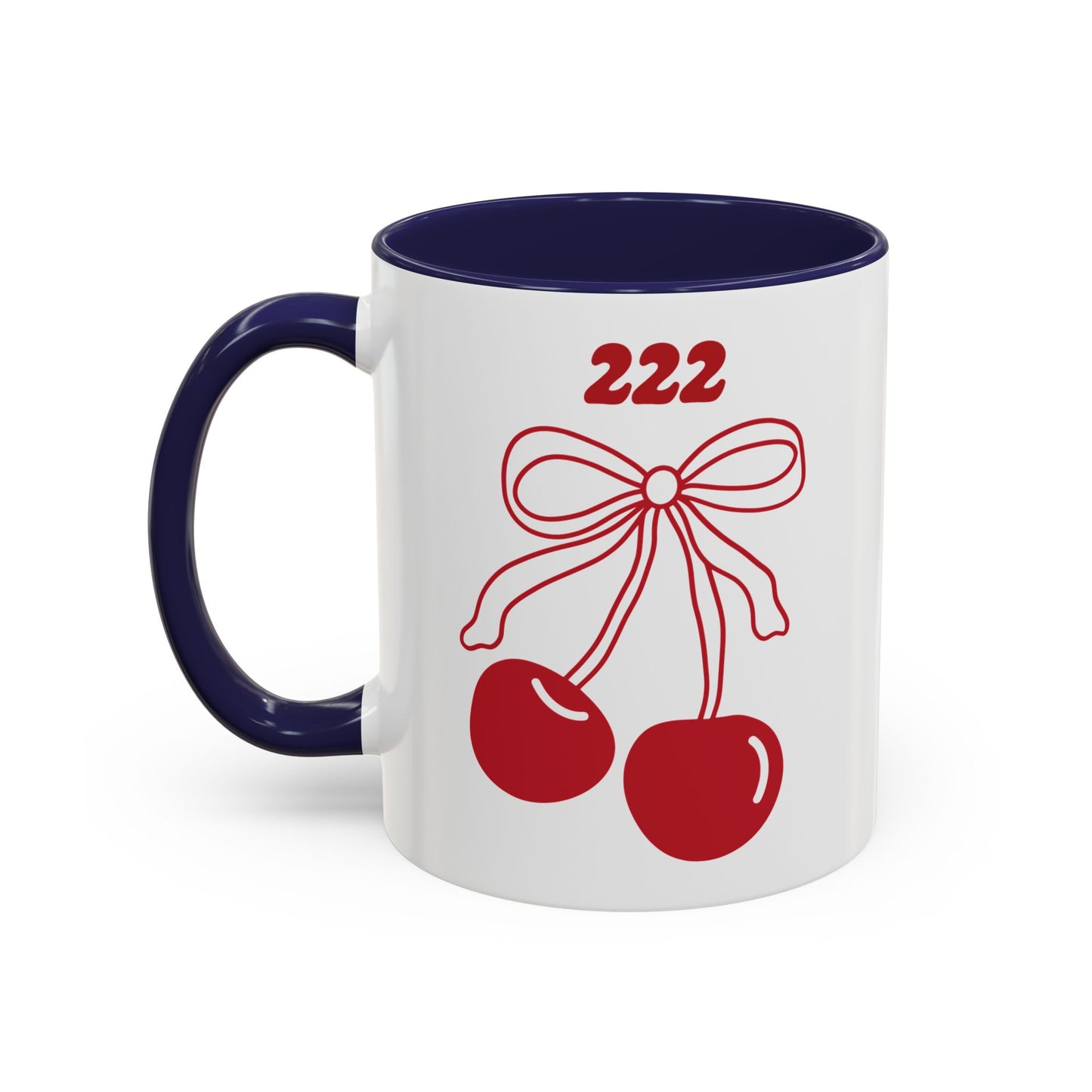 222 Angel Number Cherries Accent Mug – Coquette Bow Kawaii Coffee Mug | 11oz 15oz — Black, Navy, Pink, Red, Light Blue