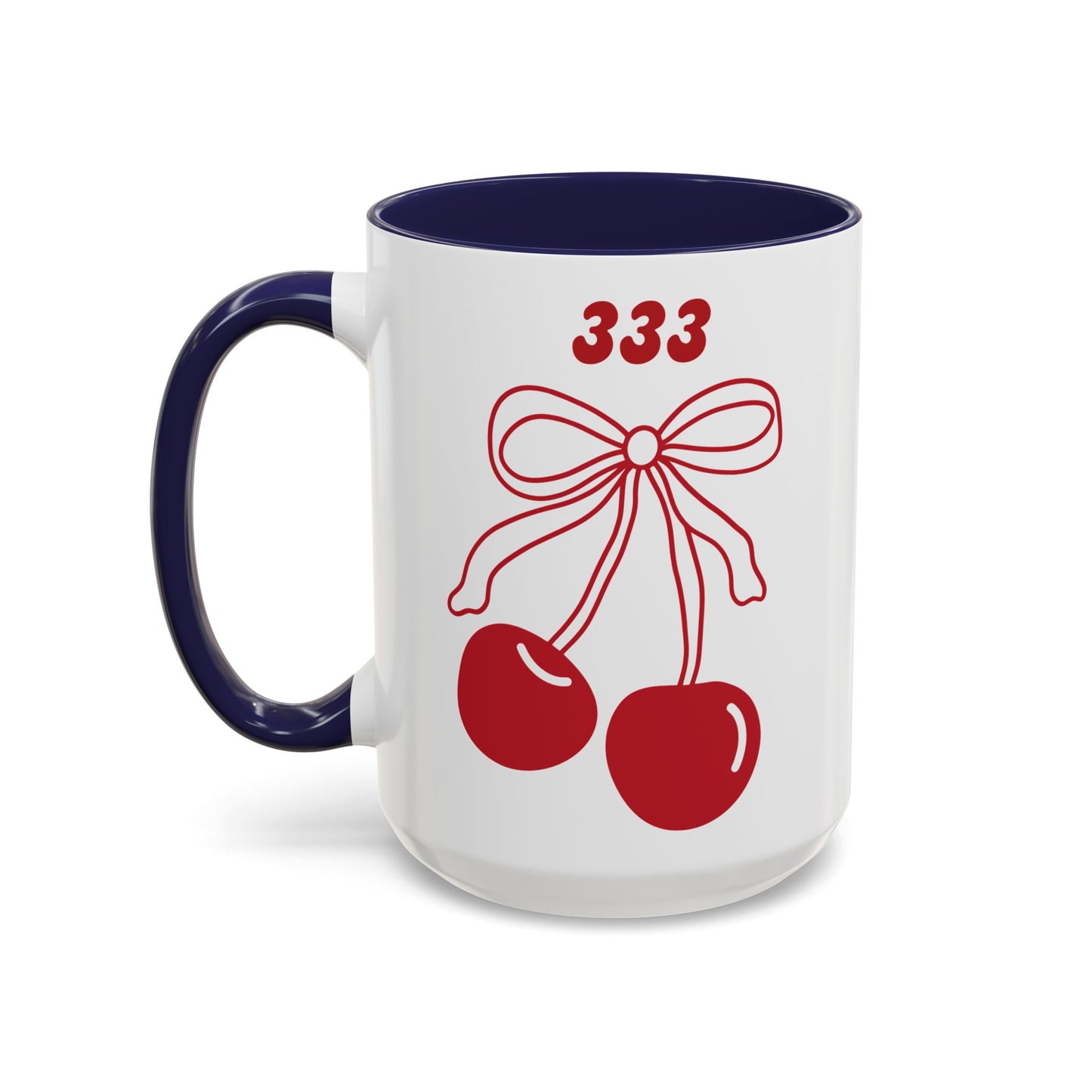 333 Angel Number Cherries Accent Mug – Coquette Bow | Kawaii Coffee Mug | 11oz 15oz — Black, Red, Navy, Pink, Light Blue