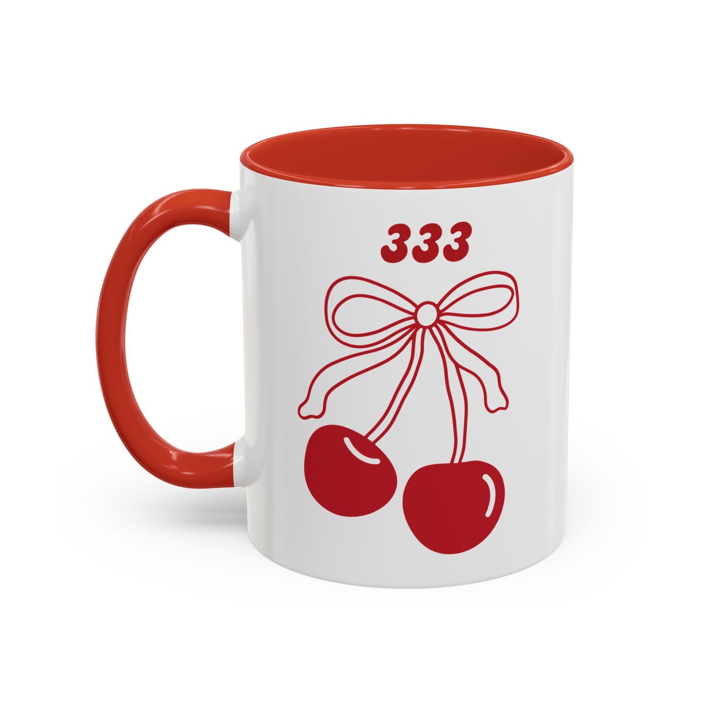 333 Angel Number Cherries Accent Mug – Coquette Bow | Kawaii Coffee Mug | 11oz 15oz — Black, Red, Navy, Pink, Light Blue