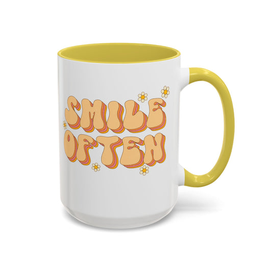 Smile Often Accent Mug – Retro Daisy Letters | 11oz 15oz colored Handle