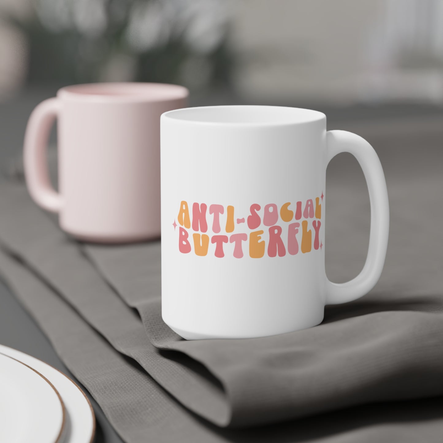Retro 70s Anti-Social Butterfly Coffee Mug - Groovy Funny Introvert Cup | 11oz 15oz 20oz or 15oz Accent