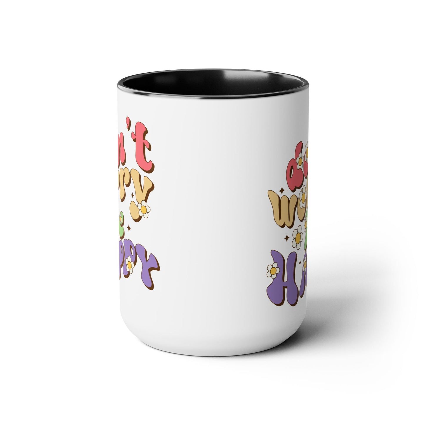 Groovy 70s Don't Worry Be Happy Coffee Mug 15oz - Retro Multicolor Wavy Font - Optimistic Message Cup - Joyful Gift, High Vibe Kitchenware