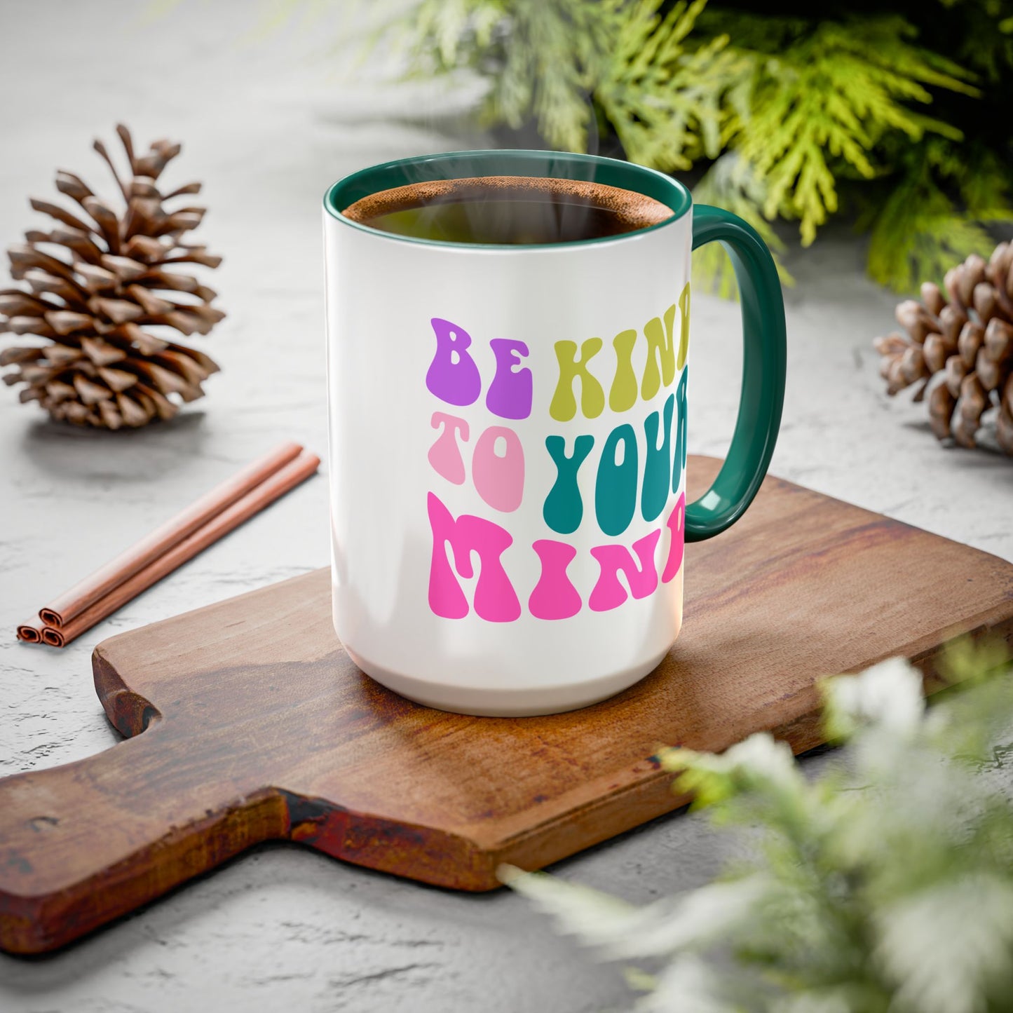 Be Kind To Your Mind Accent Mug – Retro Rainbow Letters | 11oz 15oz Colored Handle