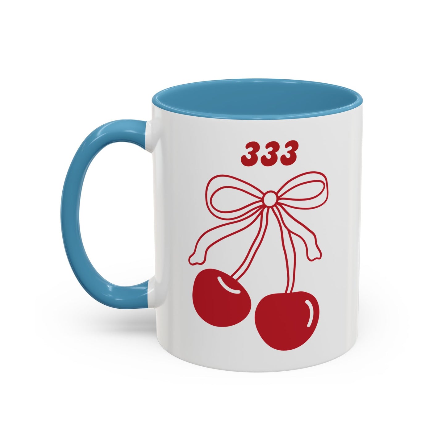 333 Angel Number Cherries Accent Mug – Coquette Bow | Kawaii Coffee Mug | 11oz 15oz — Black, Red, Navy, Pink, Light Blue