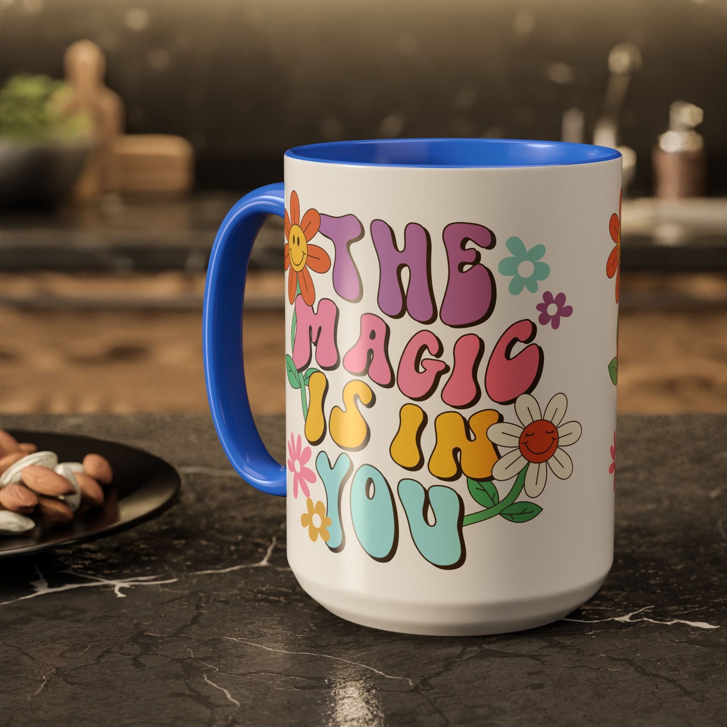 The Magic Is In You Accent Mug – Retro Flower Lettering | 11oz 15oz Colored Handle