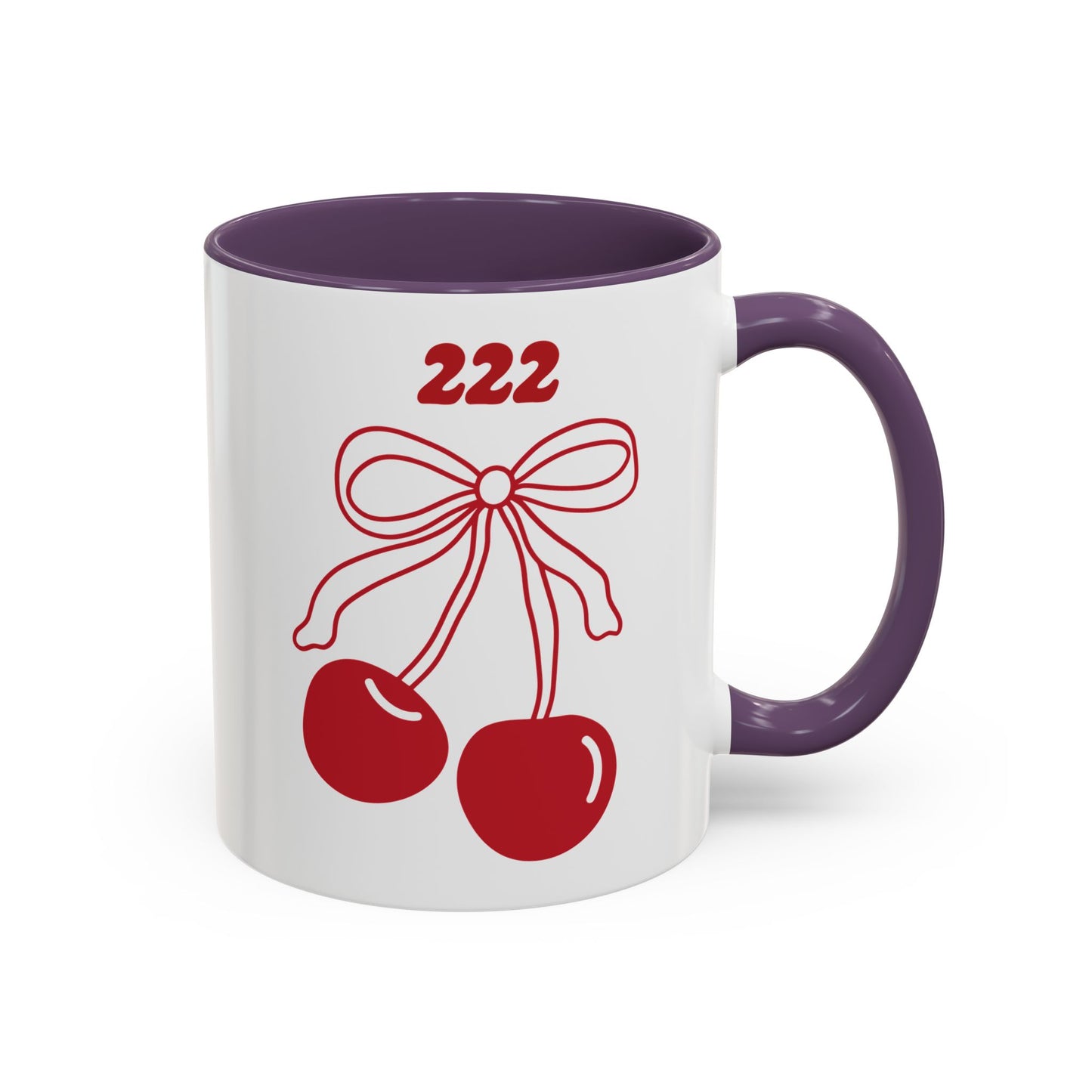 222 Angel Number Cherries Accent Mug – Coquette Bow Kawaii Coffee Mug | 11oz 15oz — Black, Navy, Pink, Red, Light Blue