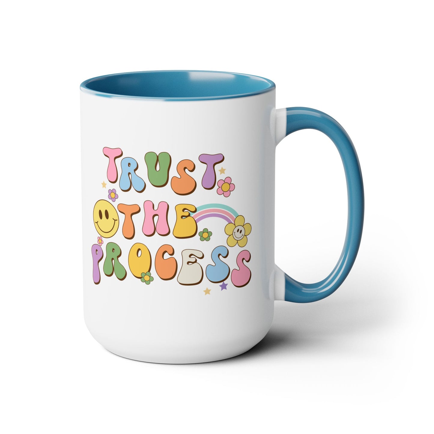 70s Retro Trust the Process Coffee Mug 15oz - Funky Multi-Color Ceramic Cup - Inspirational Motivation Drinkware - Gift for Goal Setters