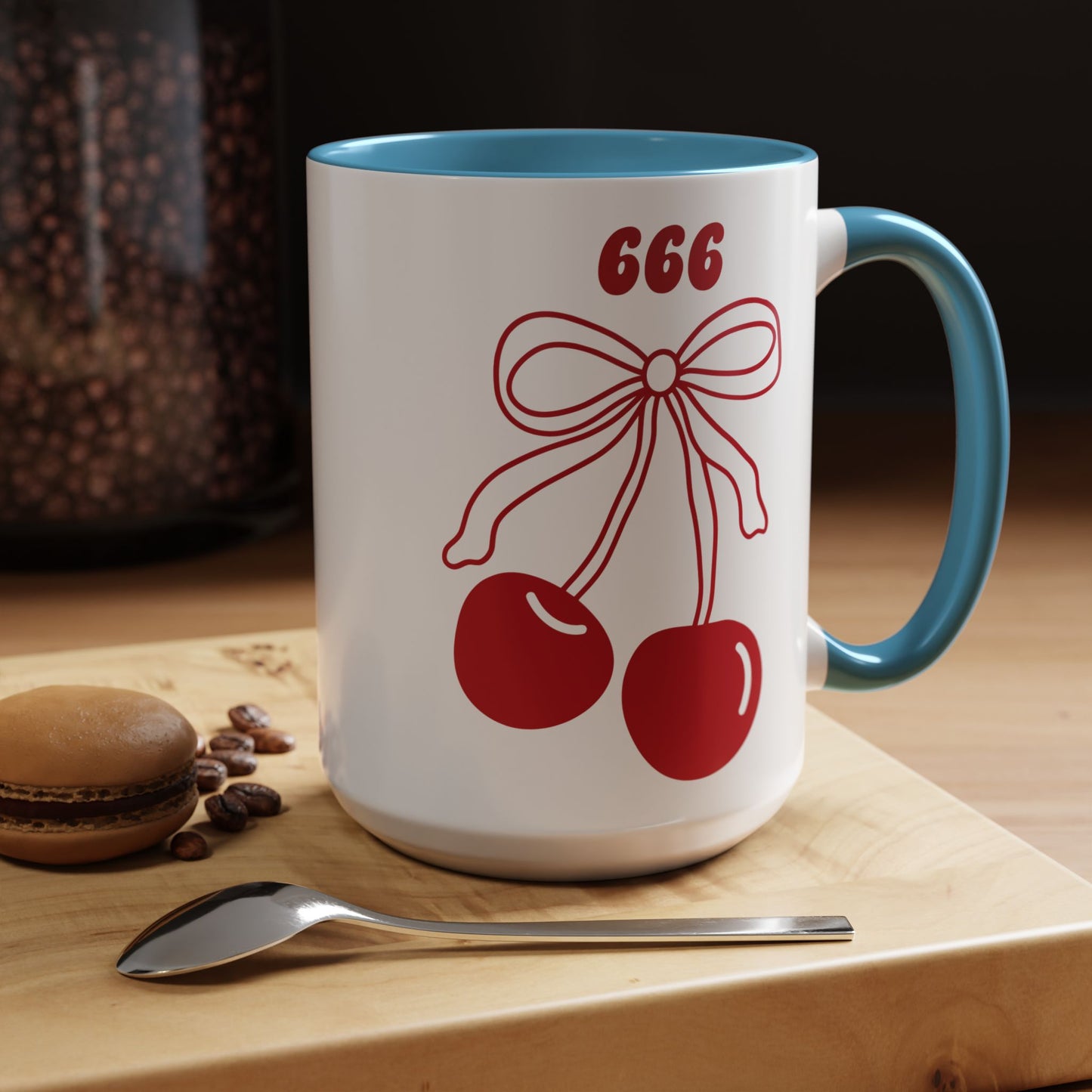 666 Angel Number Cherries Accent Mug – Coquette Bow Kawaii | 11oz 15oz — Pink, Red, Light Blue, Orange, Purple, Yellow