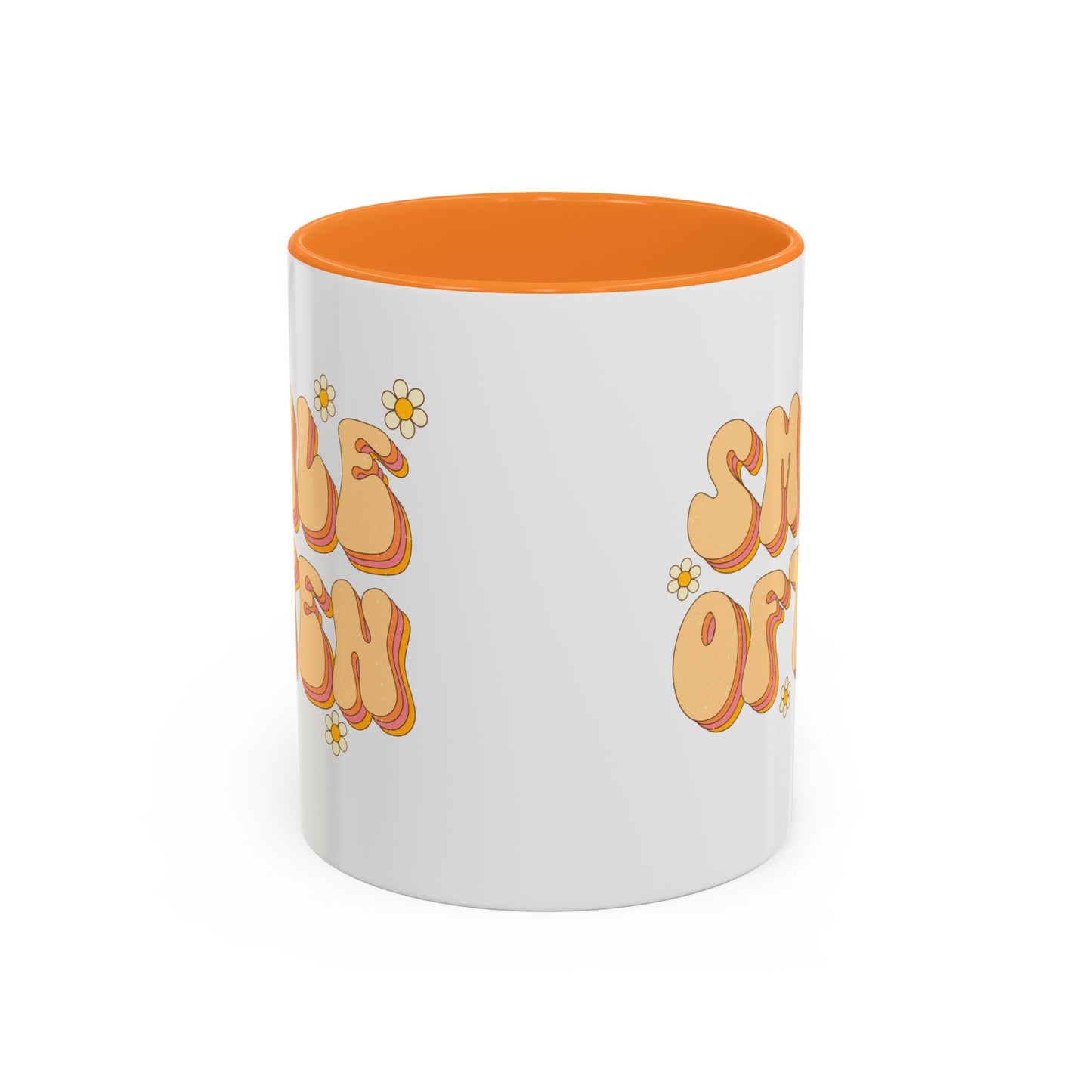 Smile Often Accent Mug – Retro Daisy Letters | 11oz 15oz colored Handle
