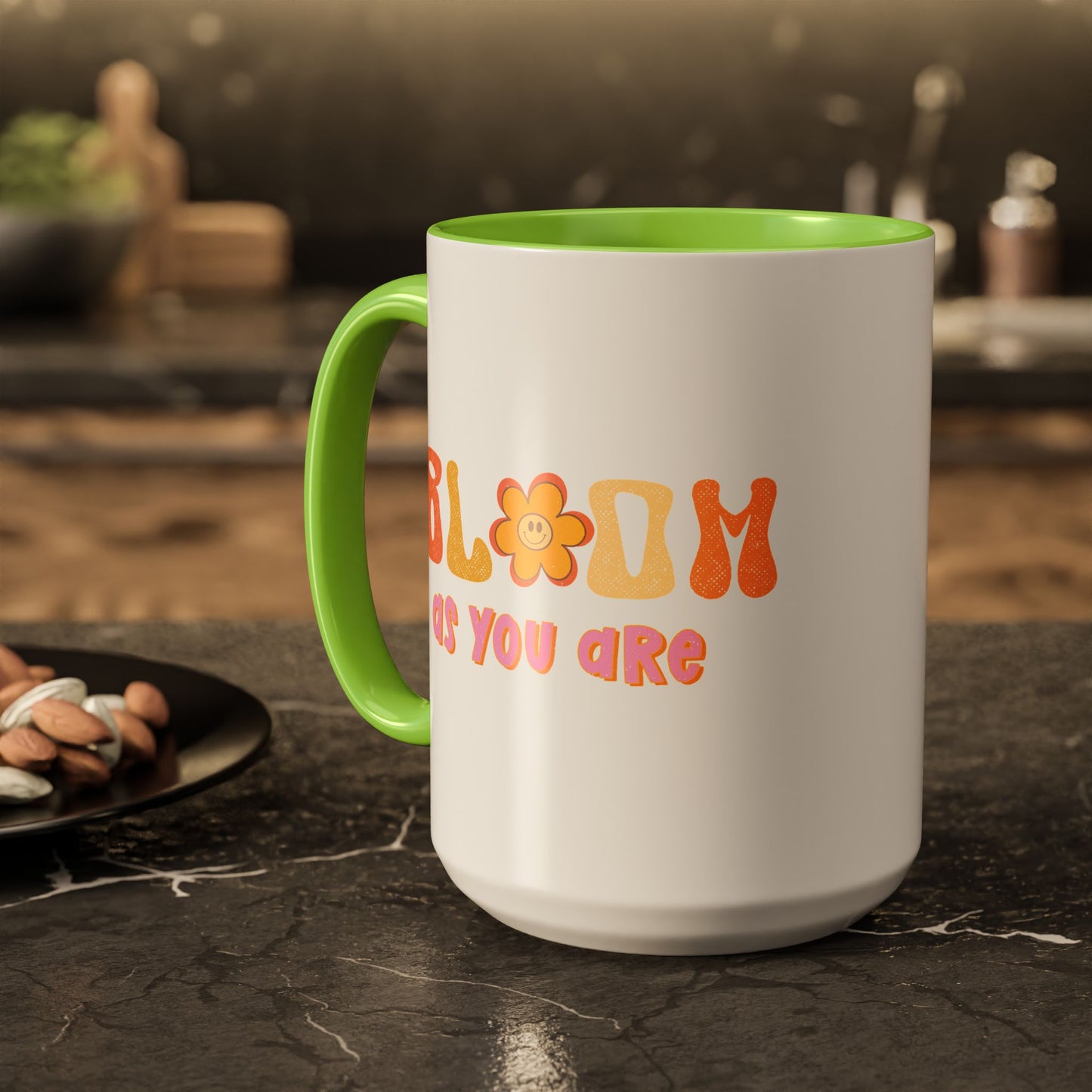 Bloom As You Are Accent Mug – Smiley Flower | 11oz 15oz Colored Handle