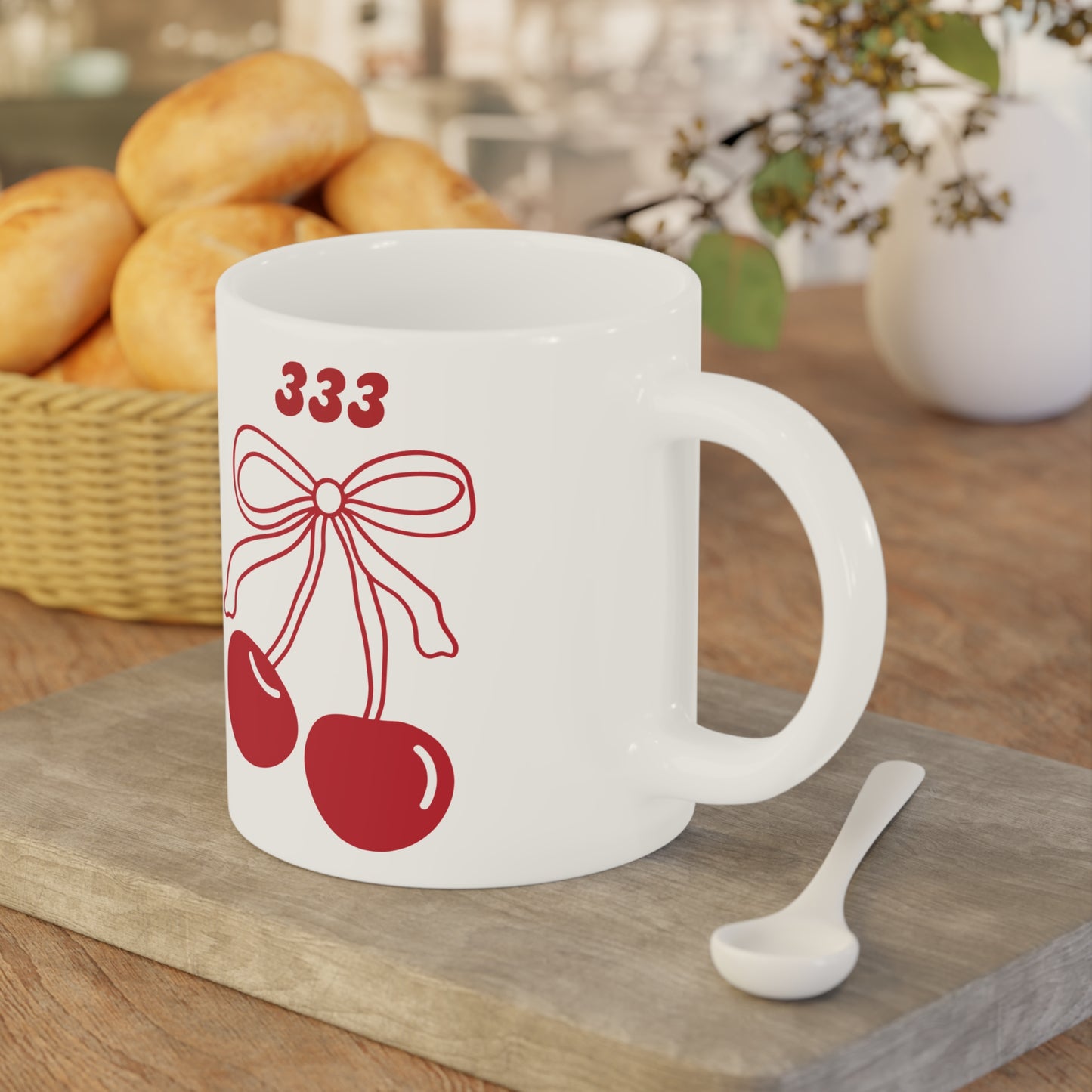 333 Angel Number Cherries Coffee Mug – Coquette Bow Minimal | Kawaii Coffee Mug | 11oz 15oz 20oz White Ceramic