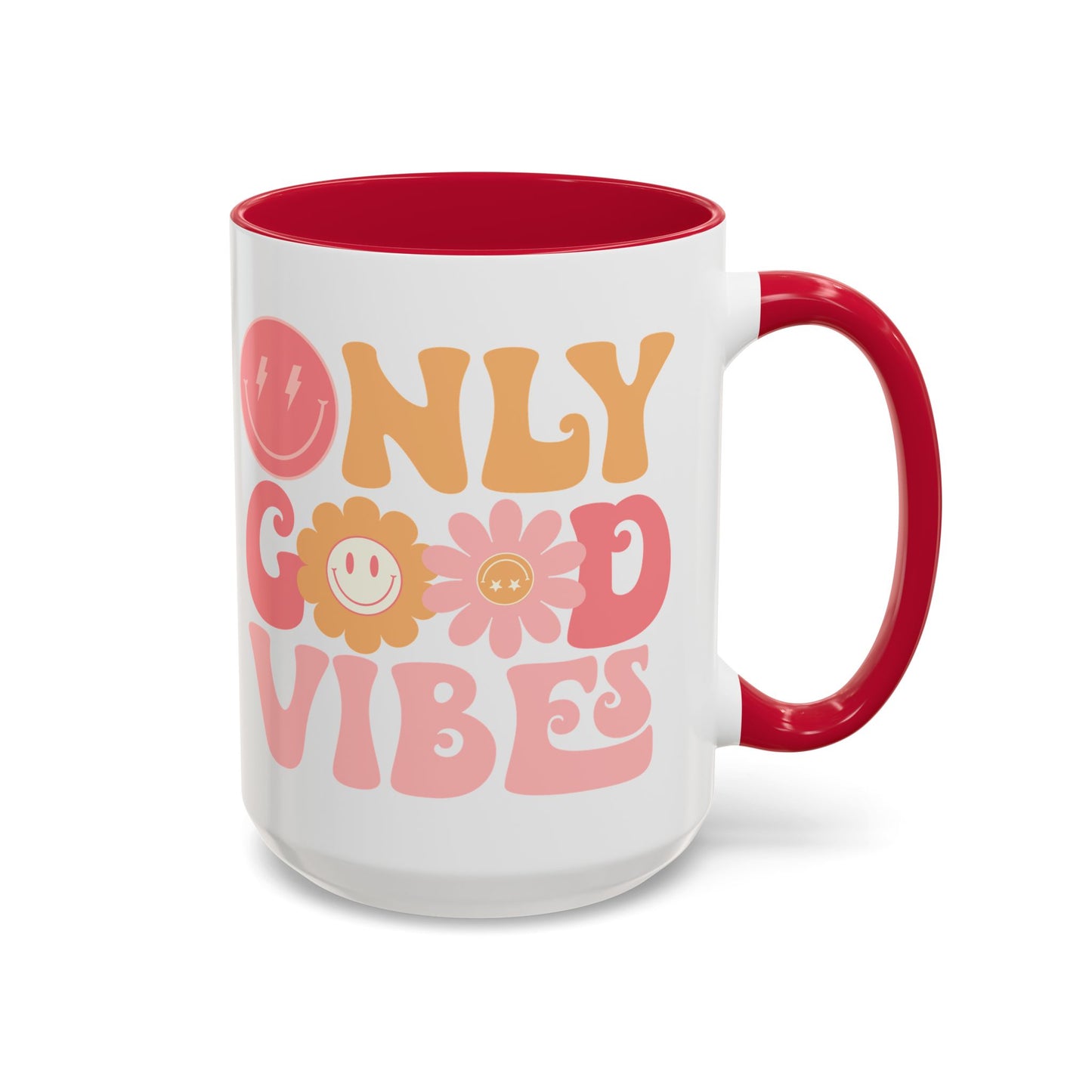 Only Good Vibes Accent Mug – Retro Bubble Letters & Flowers | 11oz 15oz Colored Handle