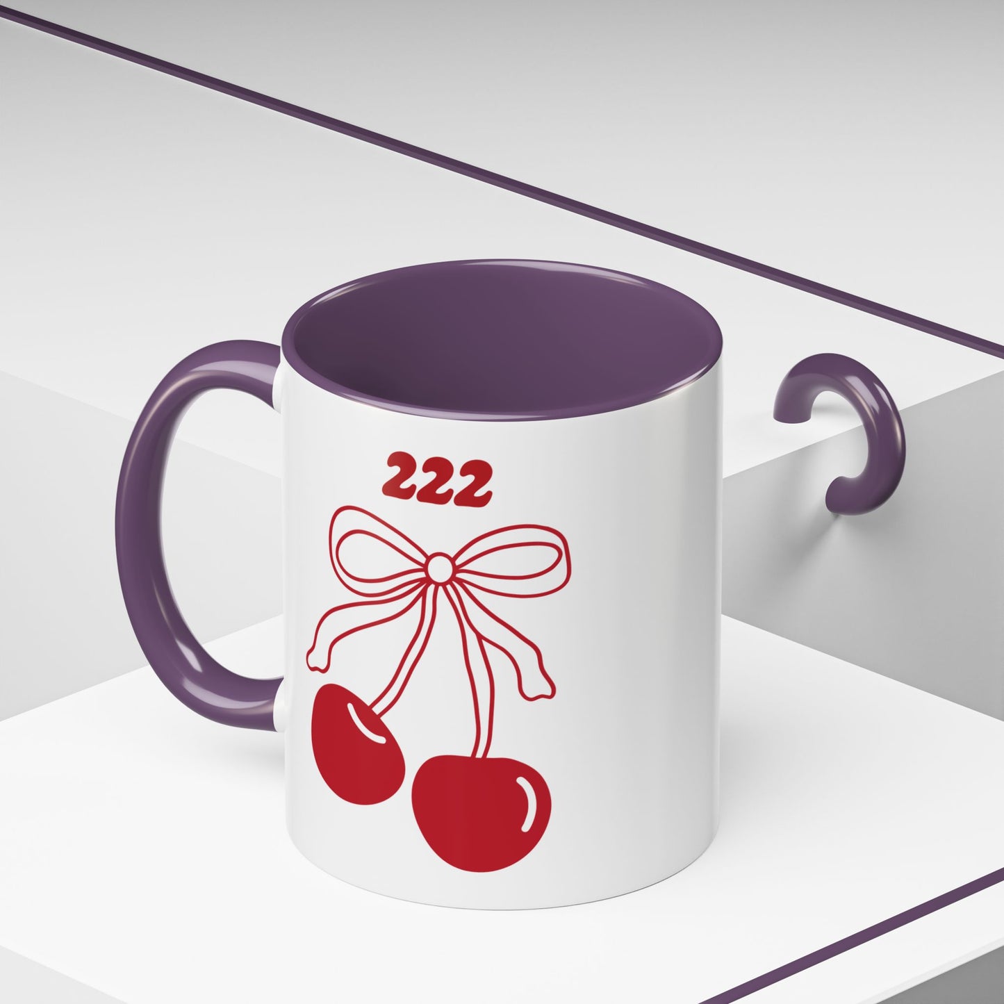 222 Angel Number Cherries Accent Mug – Coquette Bow Kawaii Coffee Mug | 11oz 15oz — Black, Navy, Pink, Red, Light Blue