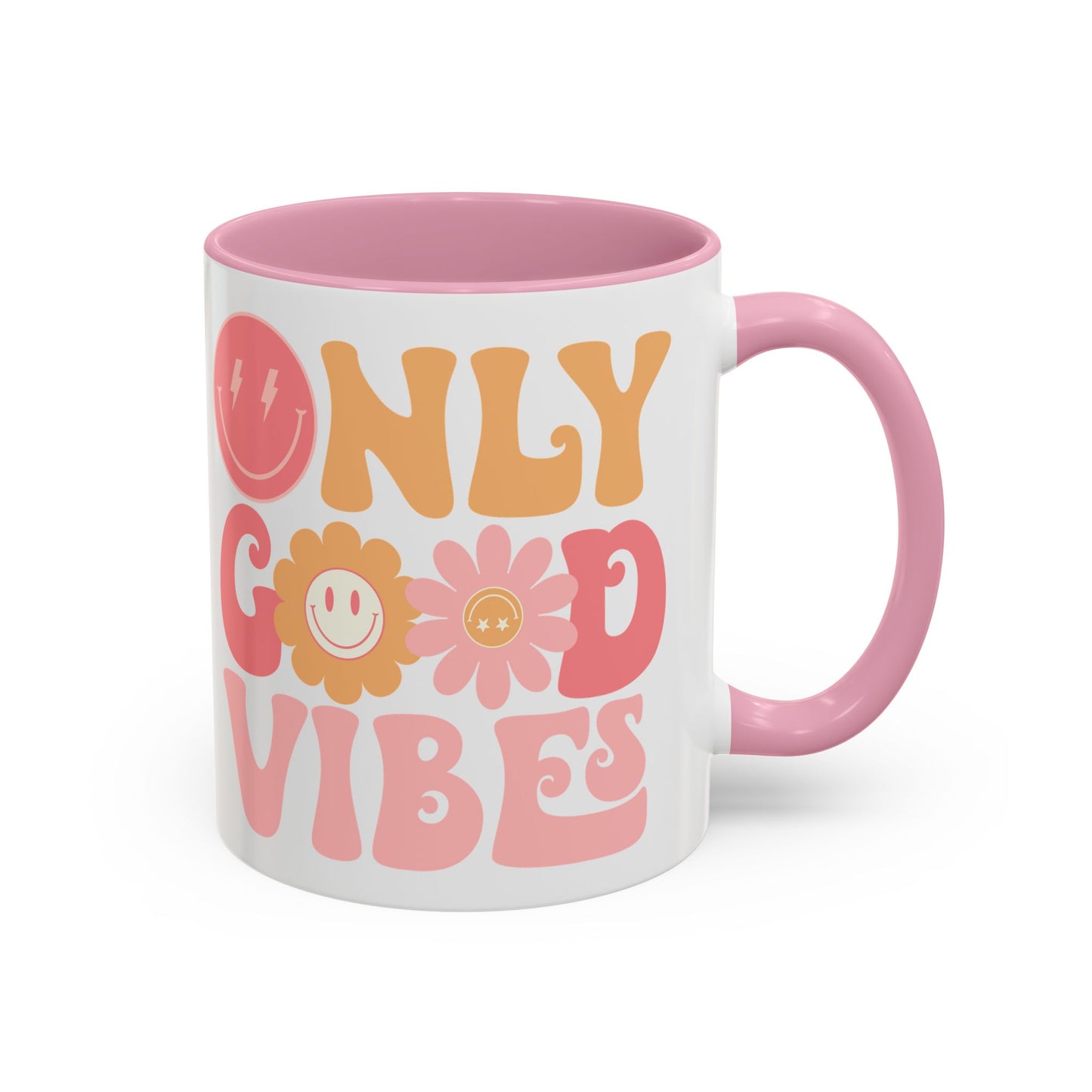 Only Good Vibes Accent Mug – Retro Bubble Letters & Flowers | 11oz 15oz Colored Handle