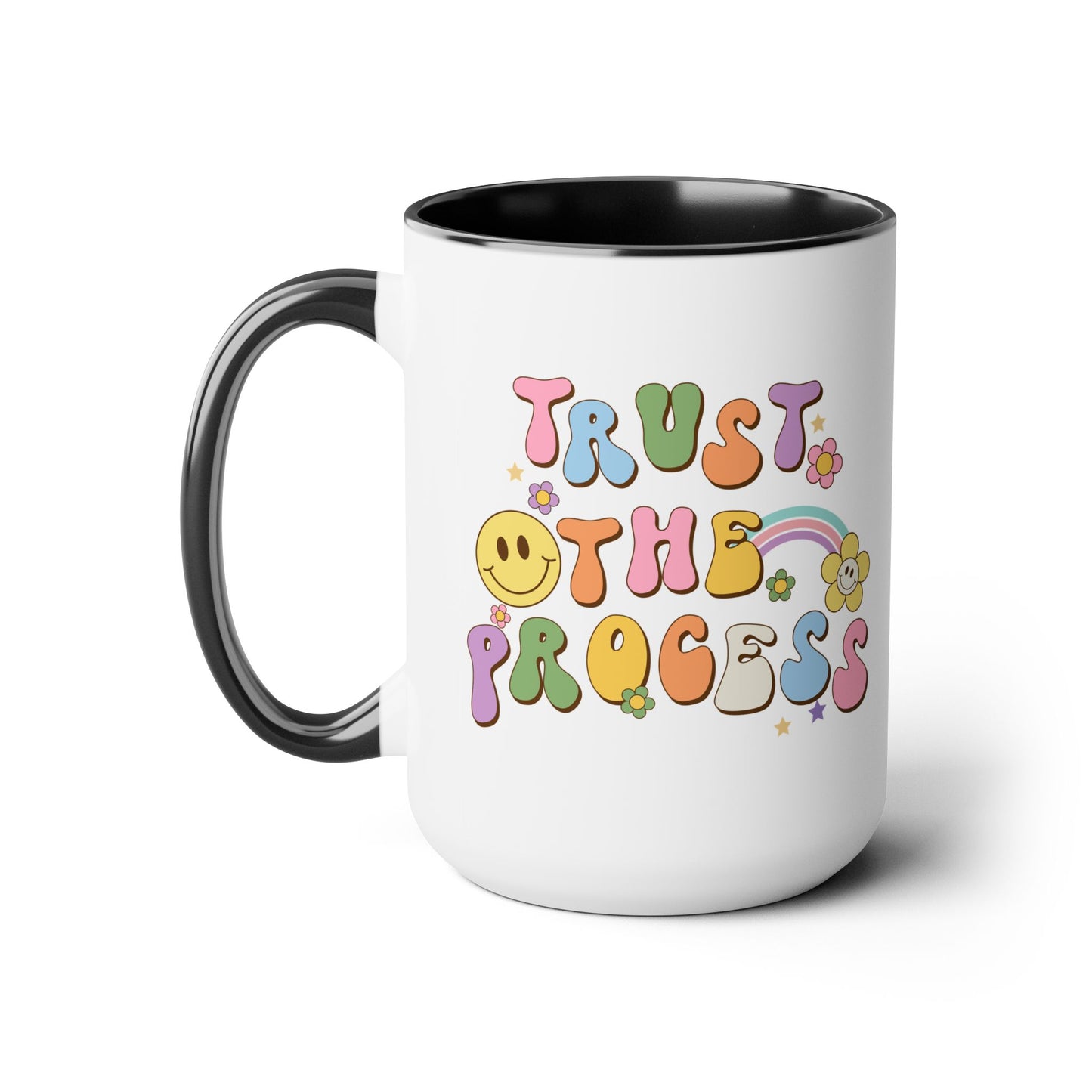 70s Retro Trust the Process Coffee Mug 15oz - Funky Multi-Color Ceramic Cup - Inspirational Motivation Drinkware - Gift for Goal Setters
