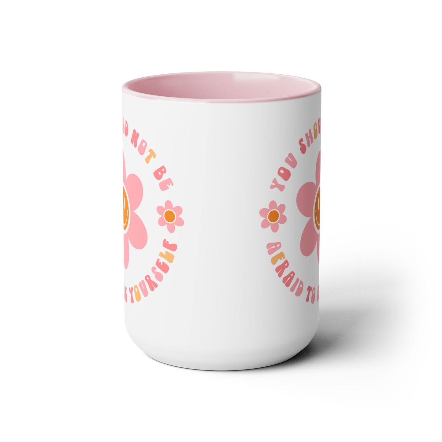 Don’t Be Afraid To Be Yourself Mug – 70s Flower-Power Smiley | 15oz Accent
