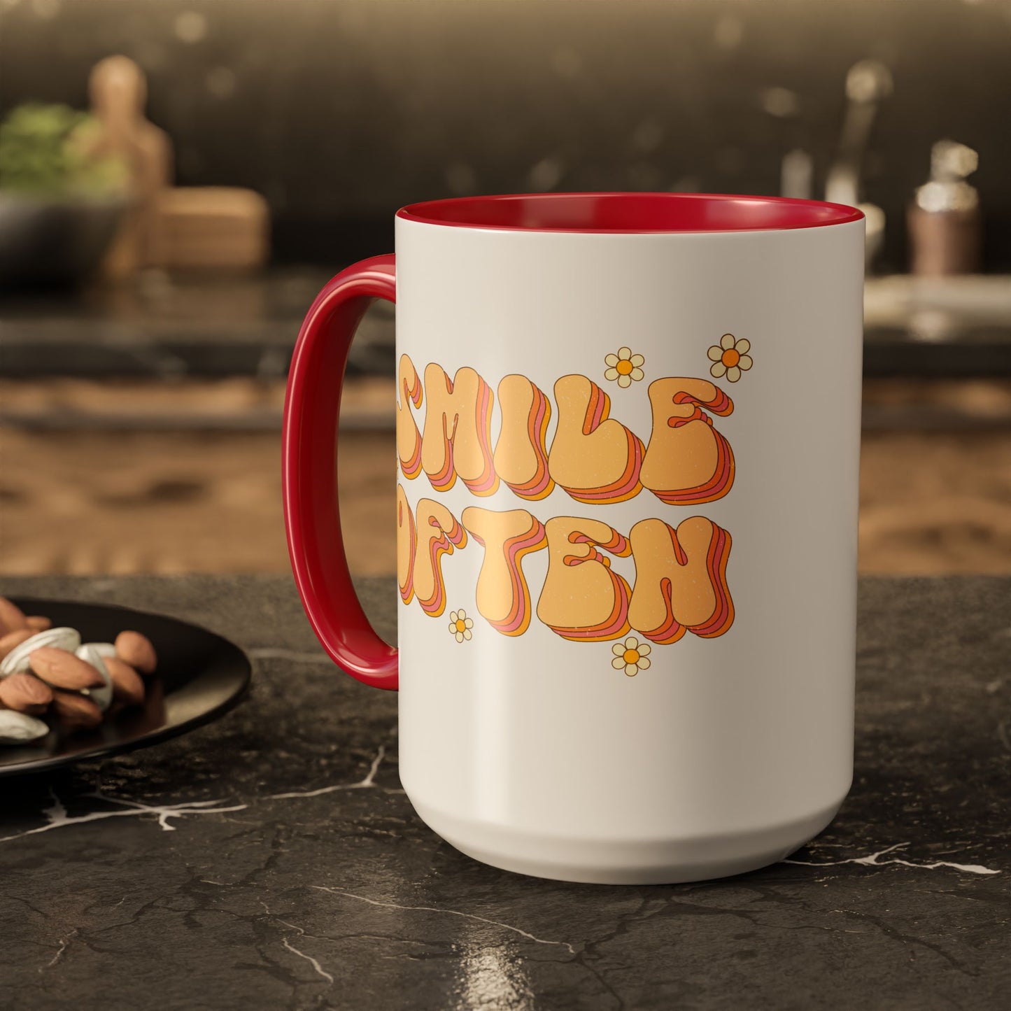 Smile Often Accent Mug – Retro Daisy Letters | 11oz 15oz colored Handle